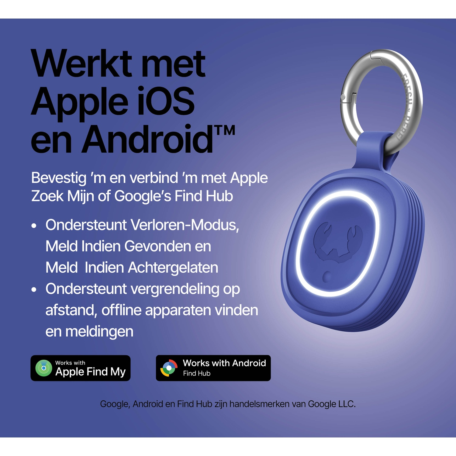 Blue tracker with ring, compatible with Apple Find My and Google Find Hub.