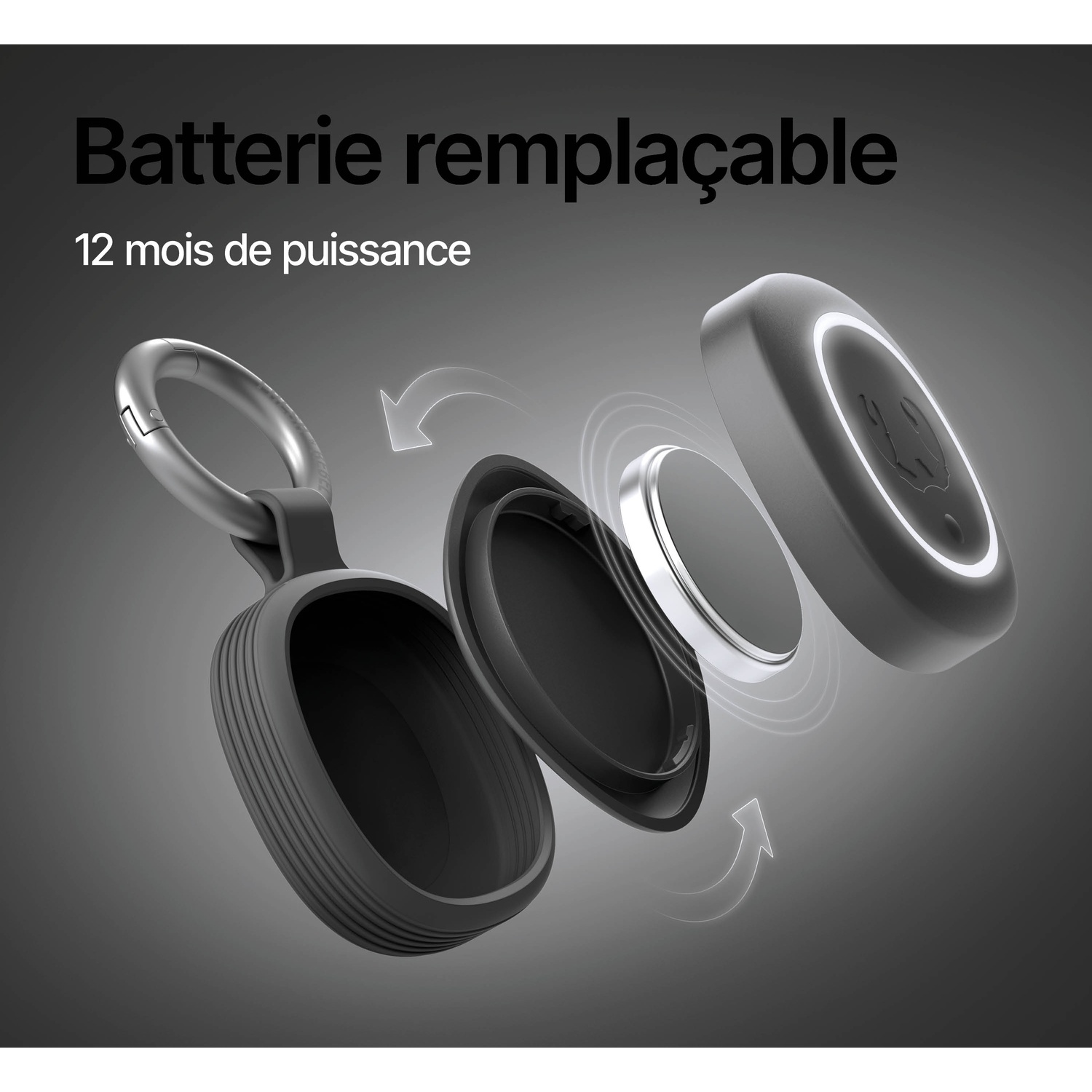 Vue éclatée d'un étui d'écouteurs gris avec batterie amovible.
