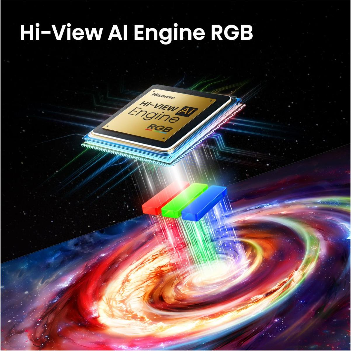 Hi-View AI Engine RGB chip vörös, zöld és kék fénysugarakat bocsát ki egy színes galaxisra.