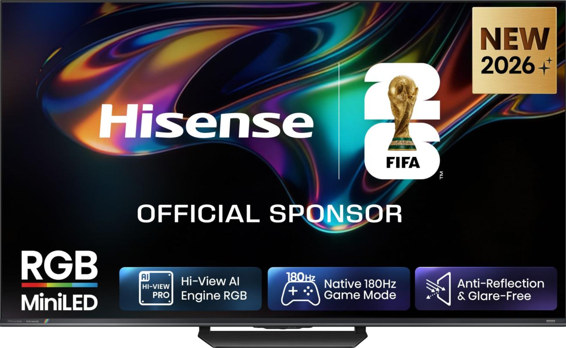 Hisense RGB MiniLED TV FIFA-trófeával, "ÚJ 2026" logóval, "Hivatalos szponzor".