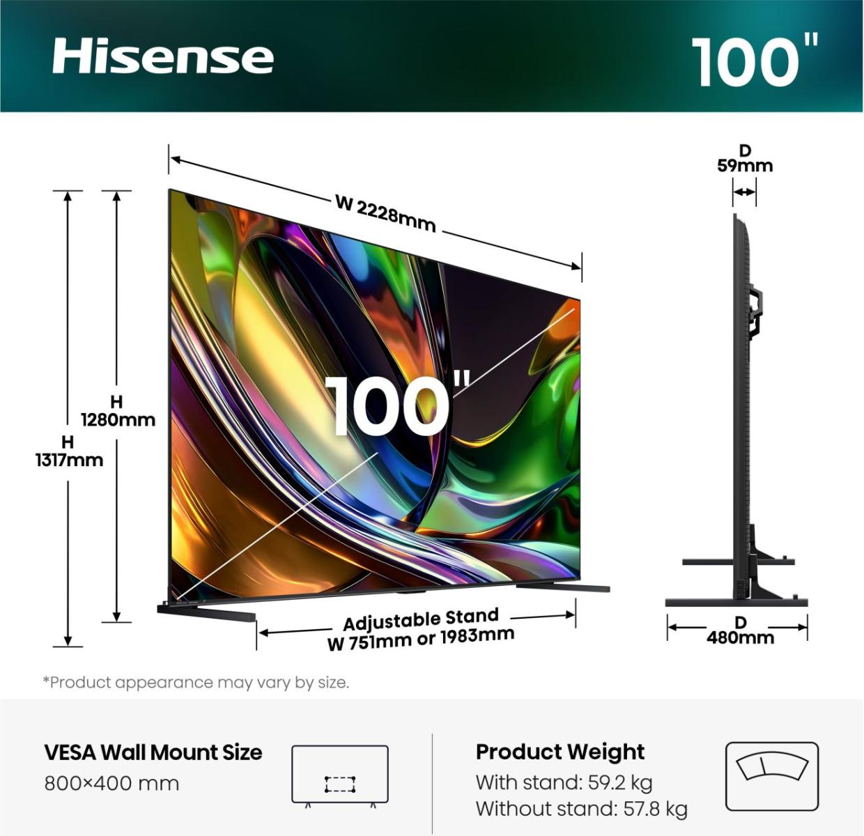 Hisense 100-es TV méretei: Szélesség 2228mm, Magasság 1317mm. Állítható állvány.