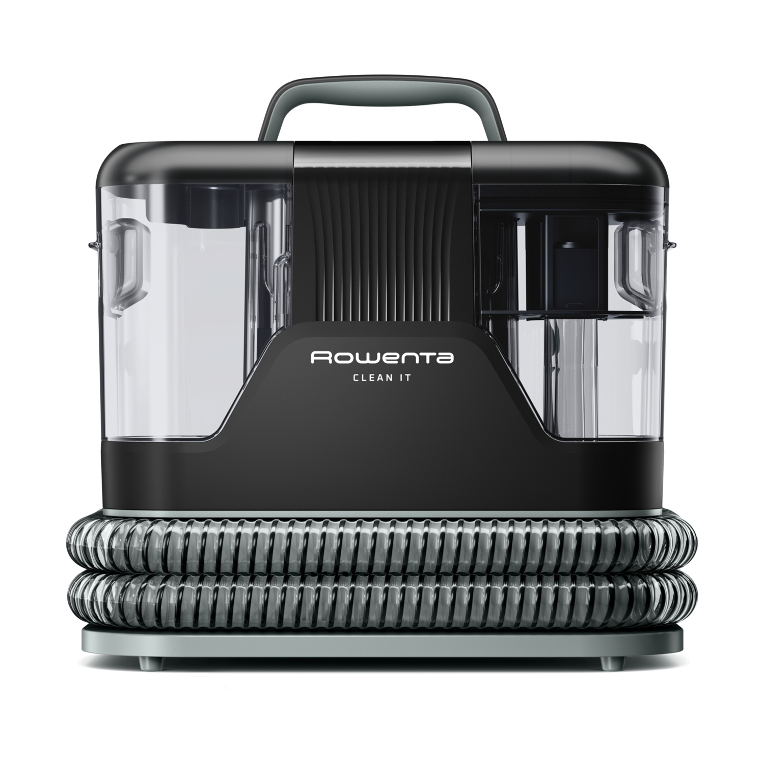 Pulitore per tappeti Rowenta Clean It nero con serbatoi d'acqua trasparenti e tubo scanalato.
