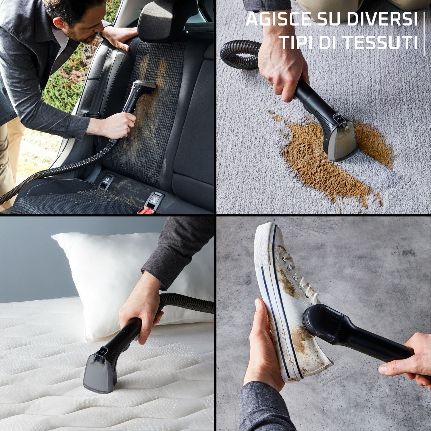 Quattro immagini mostrano la pulizia di tessuti: sedile auto, tappeto, materasso e scarpa.