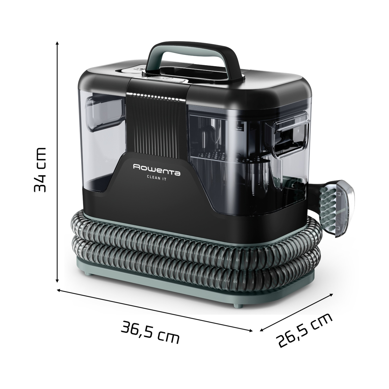 Pulitore tappeti Rowenta Clean It con tubo e dimensioni H 34, L 36,5, P 26,5 cm.