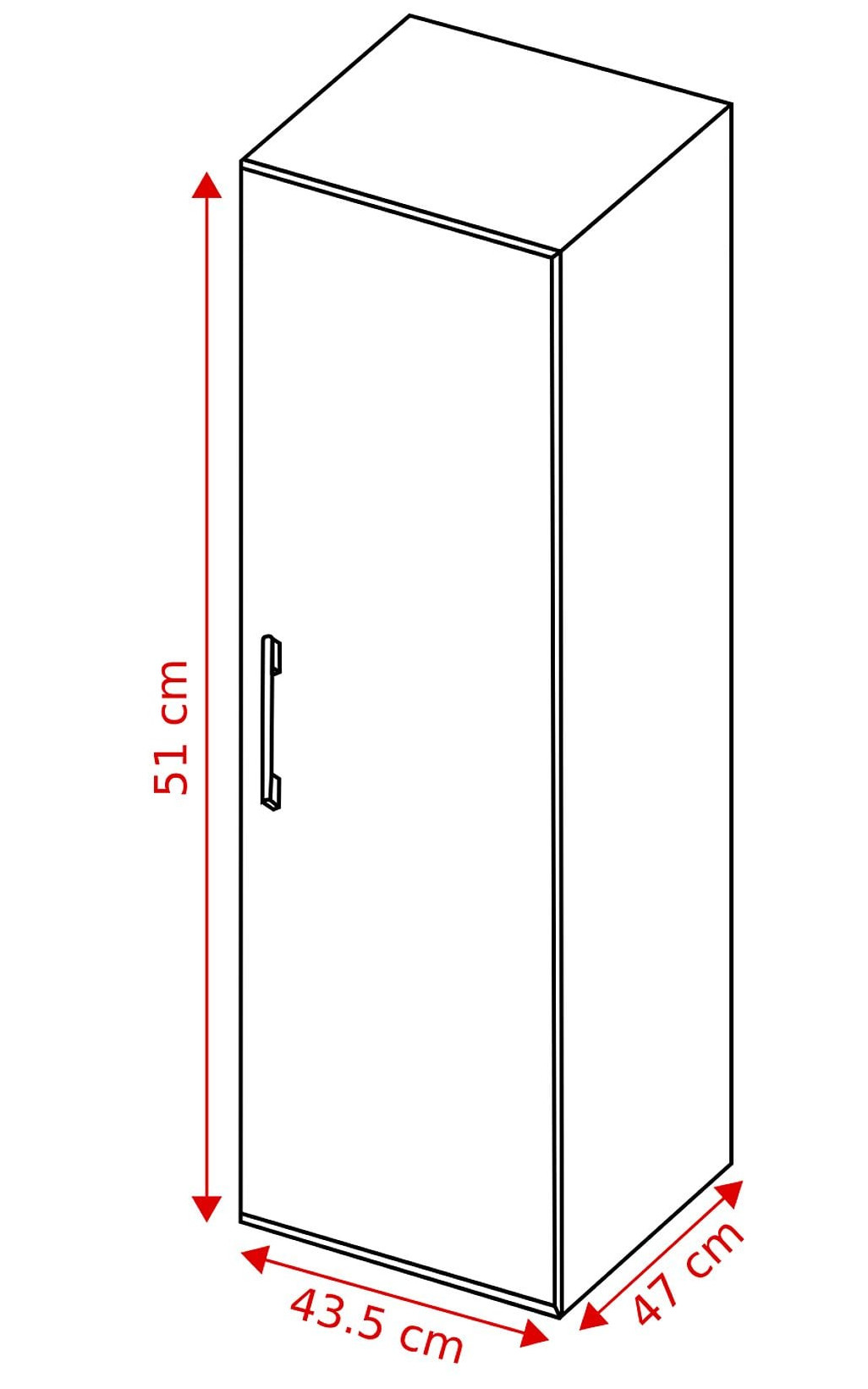 Rysunek konturowy wysokiej, wąskiej szafki. Wymiary: wysokość 51cm, szerokość 43,5cm, głębokość 47cm.