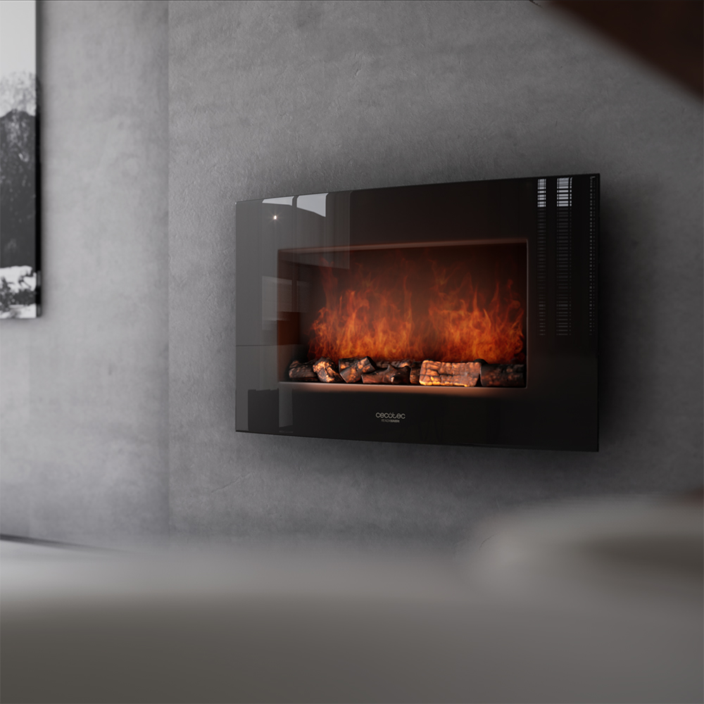 Una chimenea moderna negra de pared con pantalla de llamas realista y troncos.