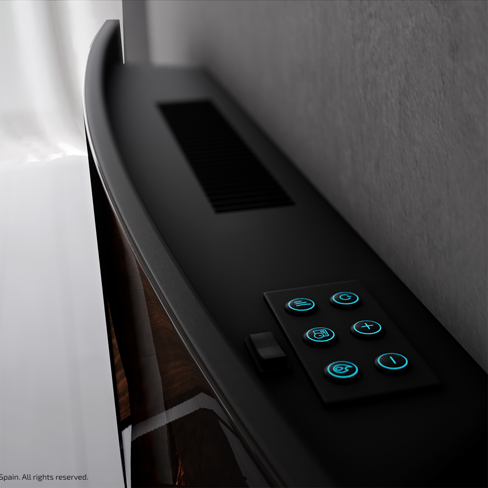 Un panel de control negro con símbolos y botones azules brillantes.