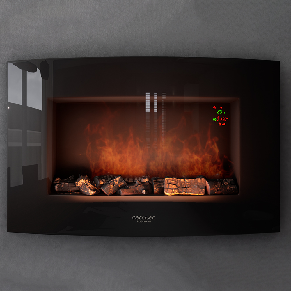 Una chimenea eléctrica negra con llamas y leños realistas.