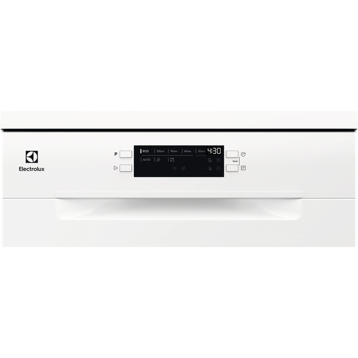 Fehér mosogatógép fekete kezelőpanellel és digitális kijelzővel. Electrolux logó.