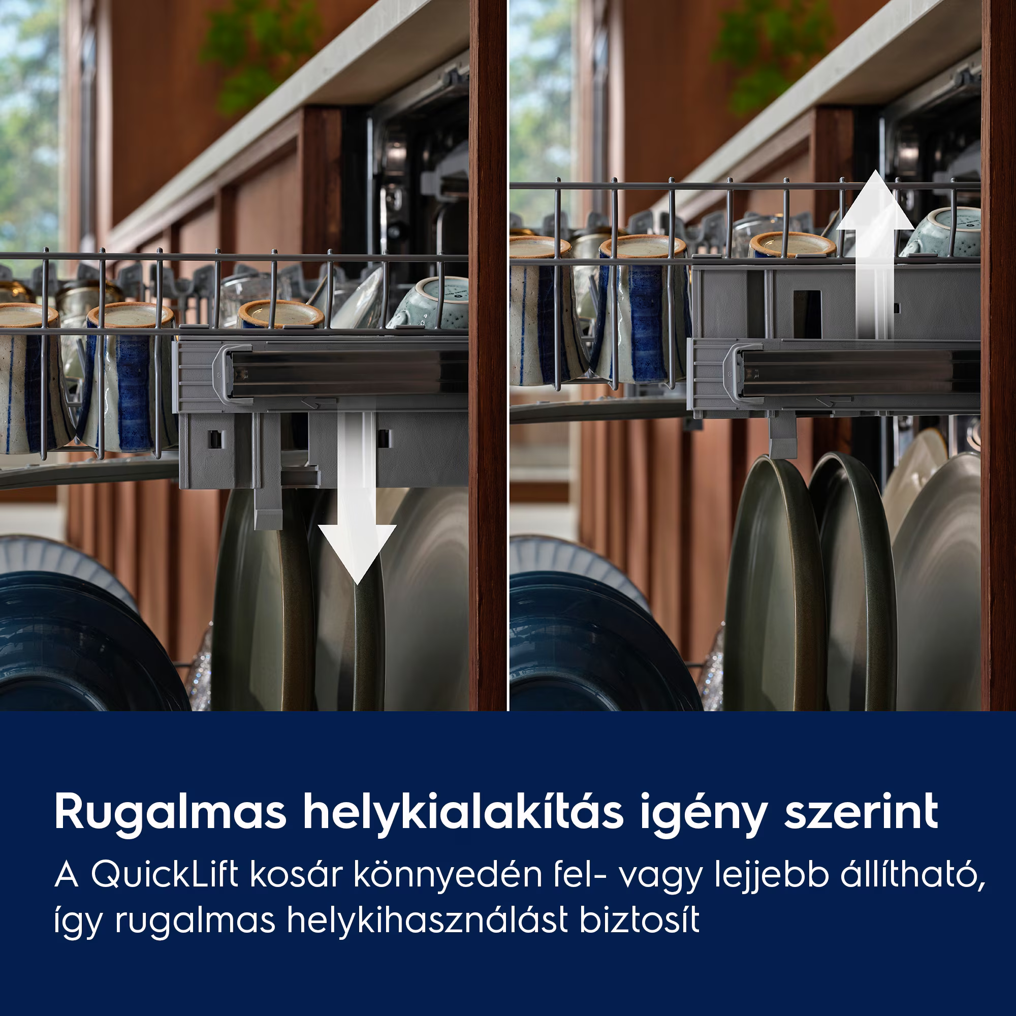 Mosogatógép kosár fel- és lefelé mutató nyilakkal.