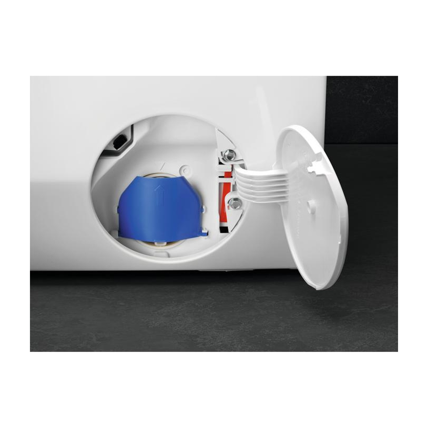 Un coperchio bianco aperto rivela un inserto blu con una freccia.
