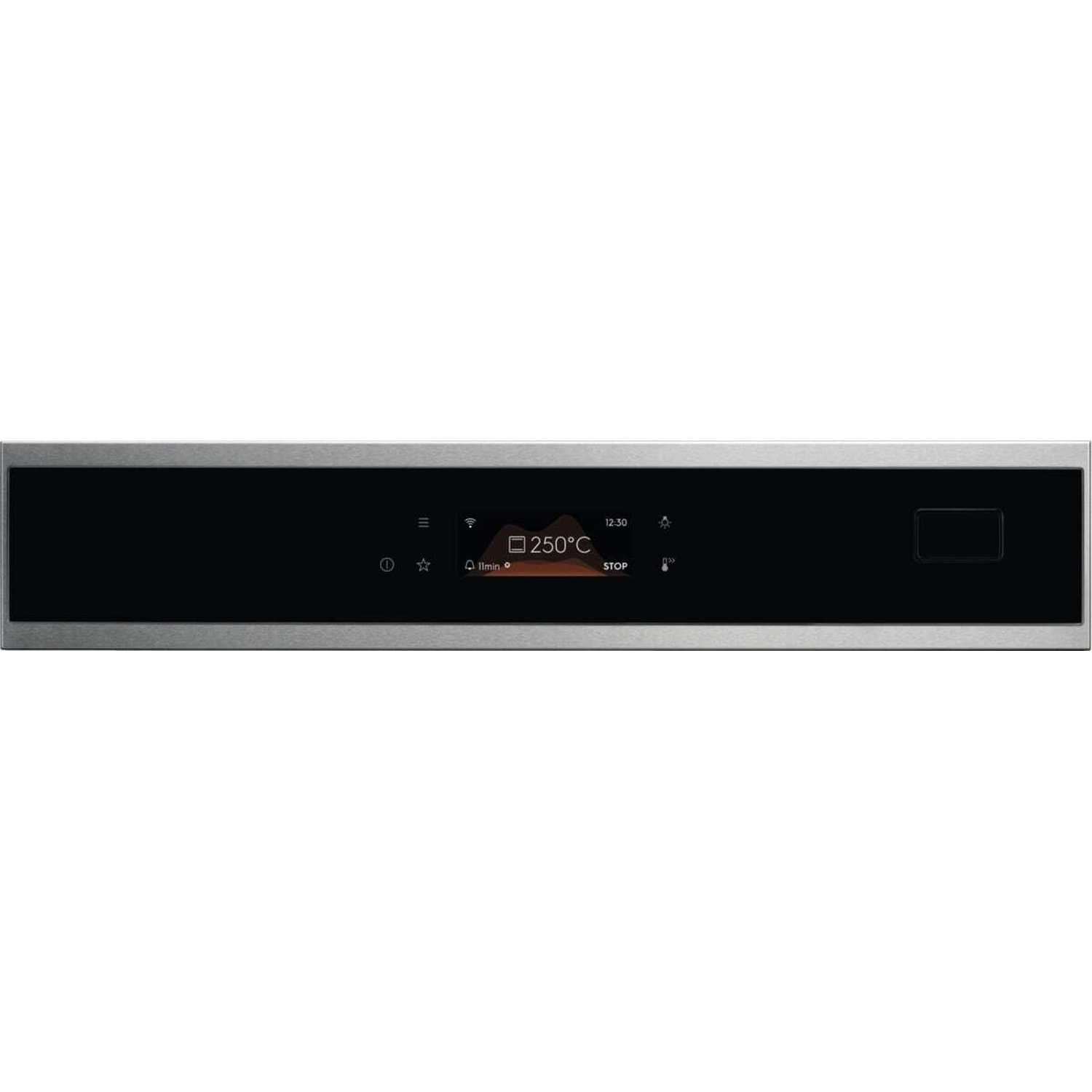 Pannello di controllo forno in acciaio inox con touchscreen nero che mostra 250°C.