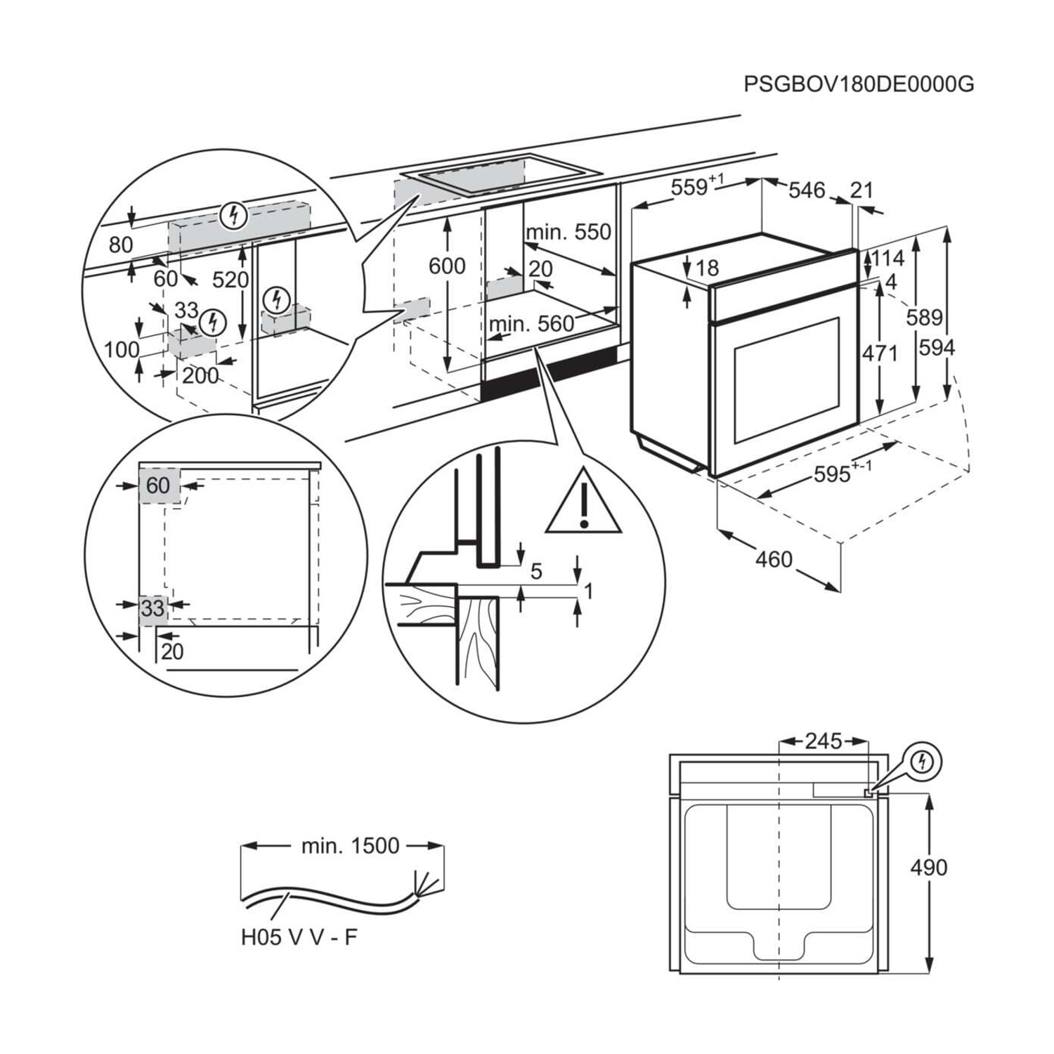 Disegno tecnico di un forno da incasso con dimensioni e istruzioni di installazione.