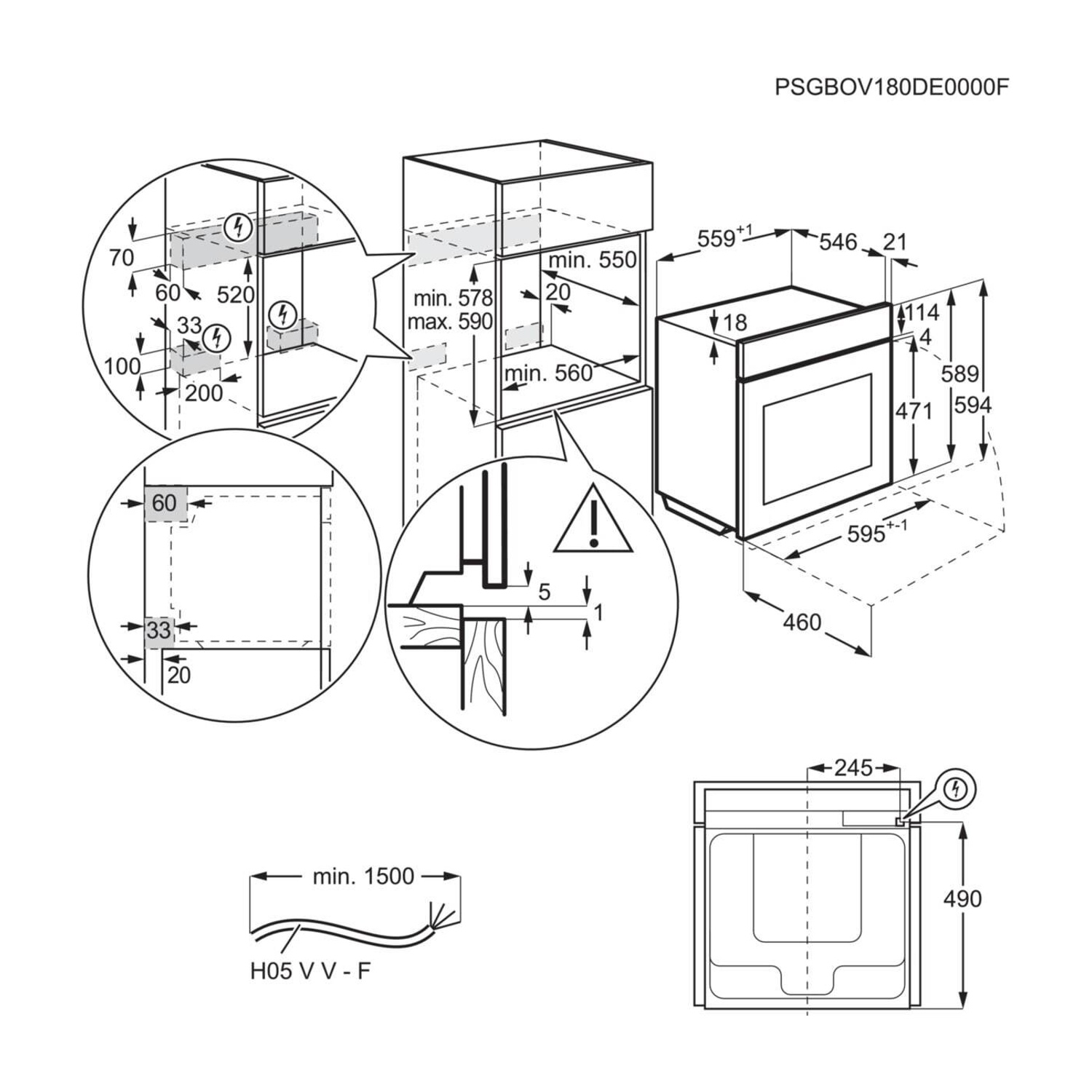 Disegno tecnico di un forno da incasso con dimensioni e dettagli di installazione.