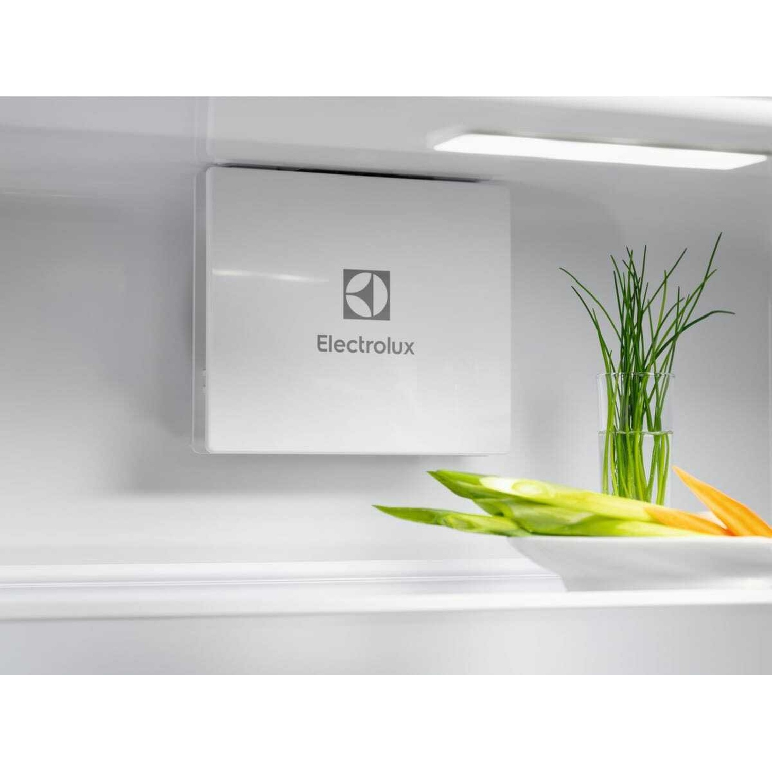 Logo Electrolux su elettrodomestico bianco in frigo con verdure.