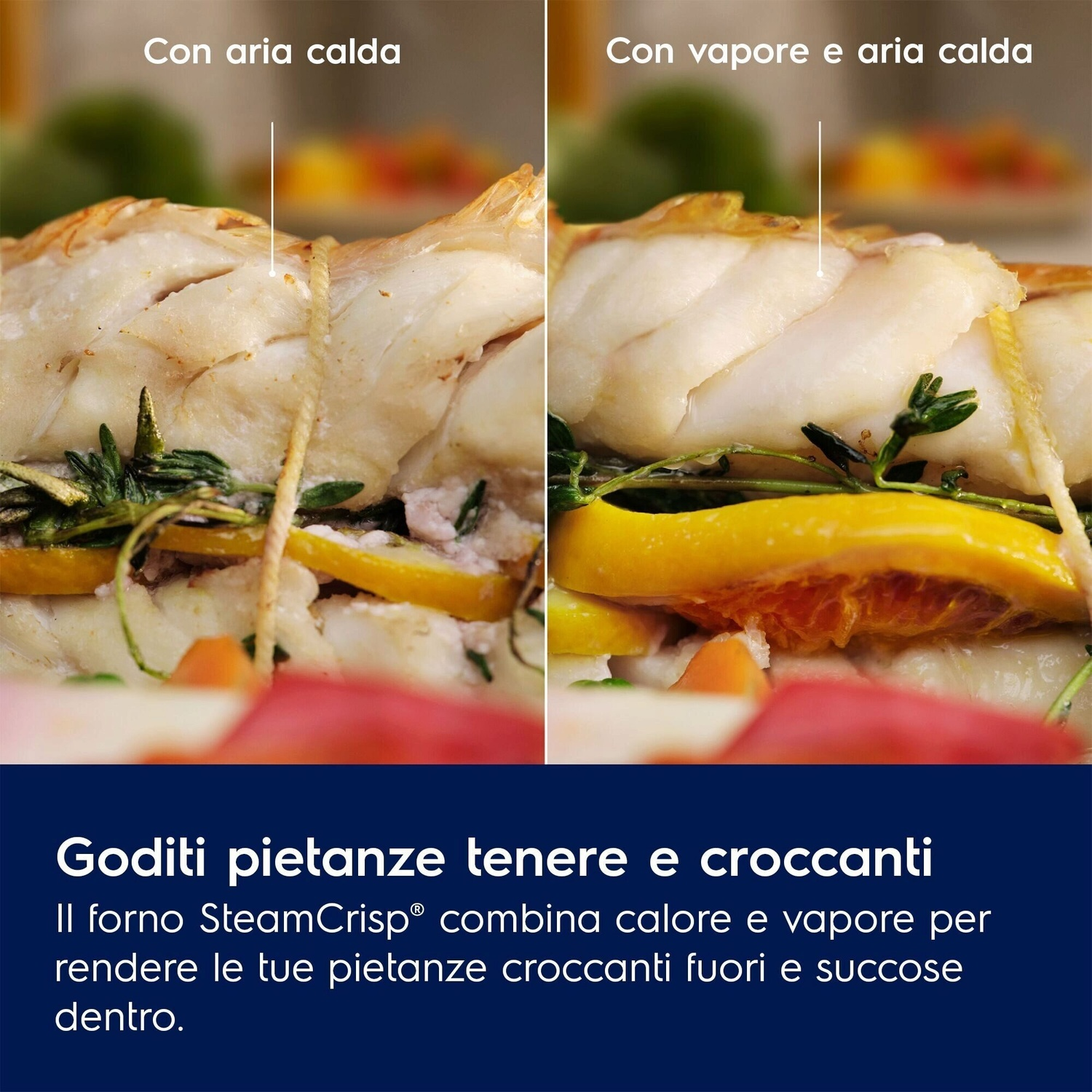 Due preparazioni di pesce: una con aria calda, una con vapore.
