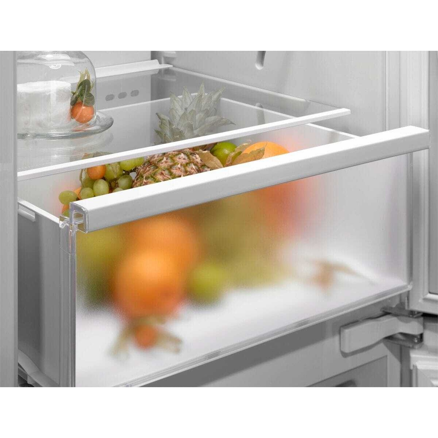Un cassetto del frigorifero pieno di frutta, tra cui ananas, arance e uva.