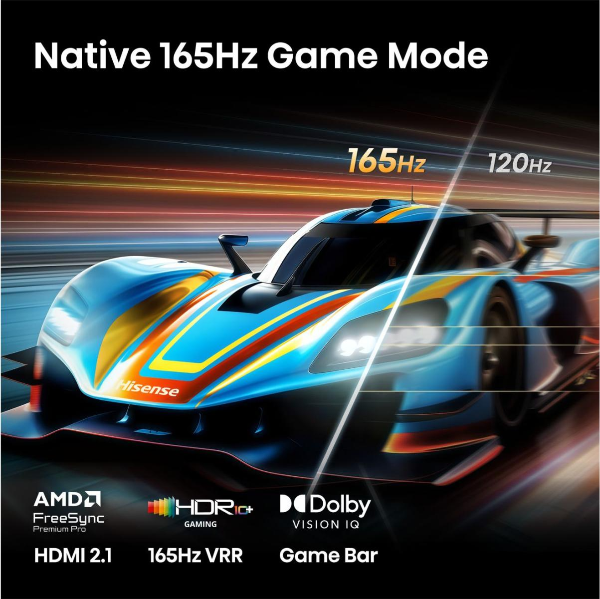 Blau-gelber Rennwagen mit Text über 165Hz und Gaming-Funktionen.