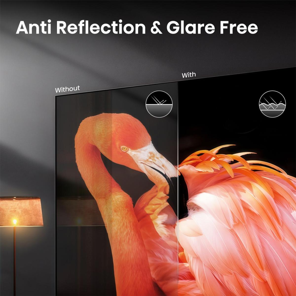 Flamingo mit und ohne Antireflexionsbeschichtung auf einem Bildschirm.