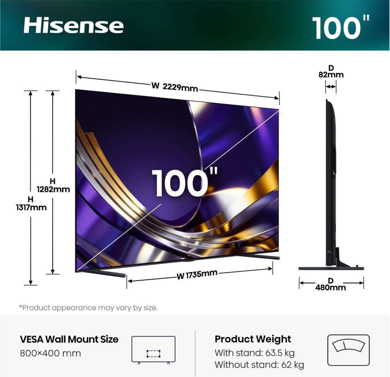 Hisense 100 hüvelykes TV méretekkel: Sz:2229mm, Ma:1282mm, Mé:82mm.