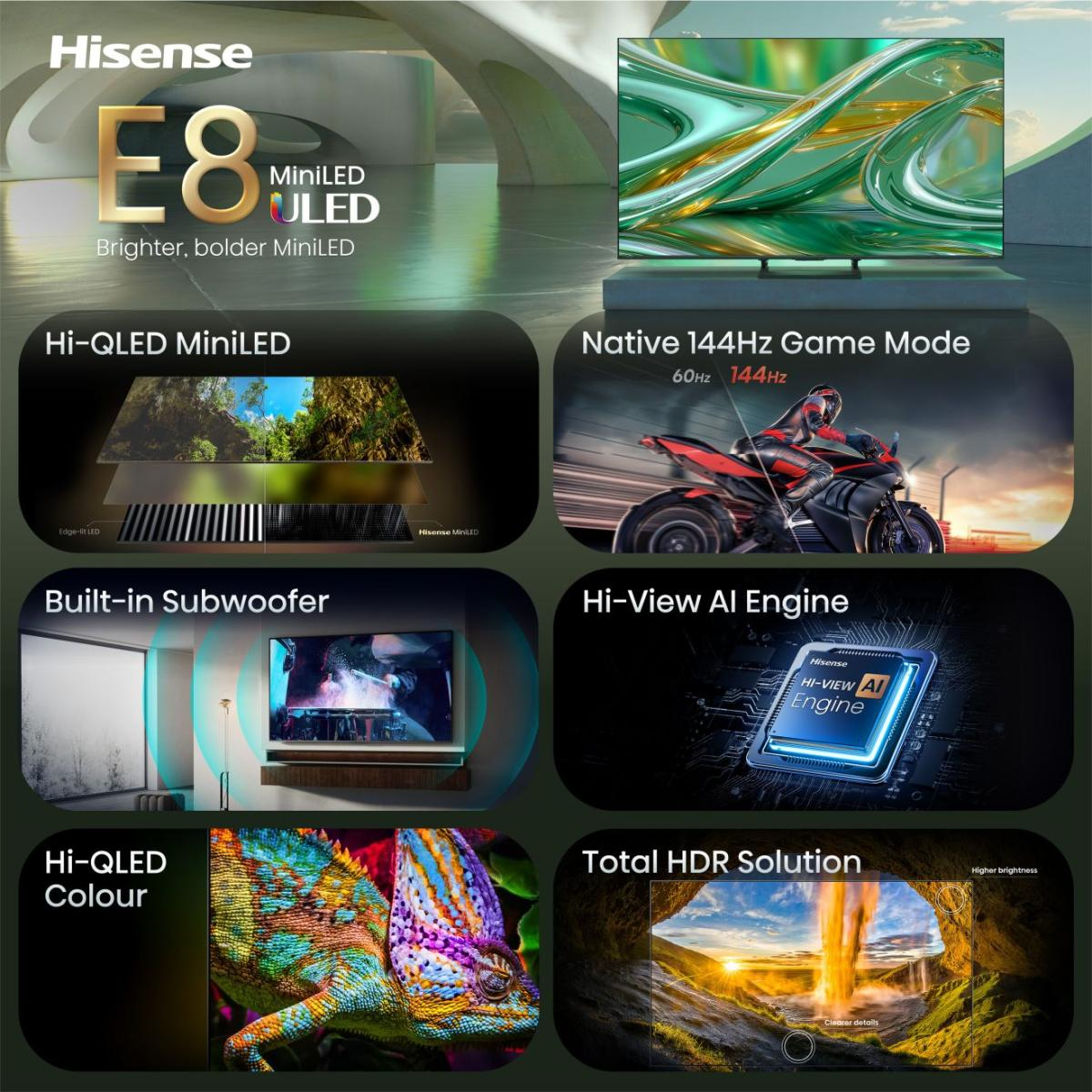 Hisense E8 MiniLED TV Hi-QLEDdel, 144Hz gam., mélynyomóval és AI-val.