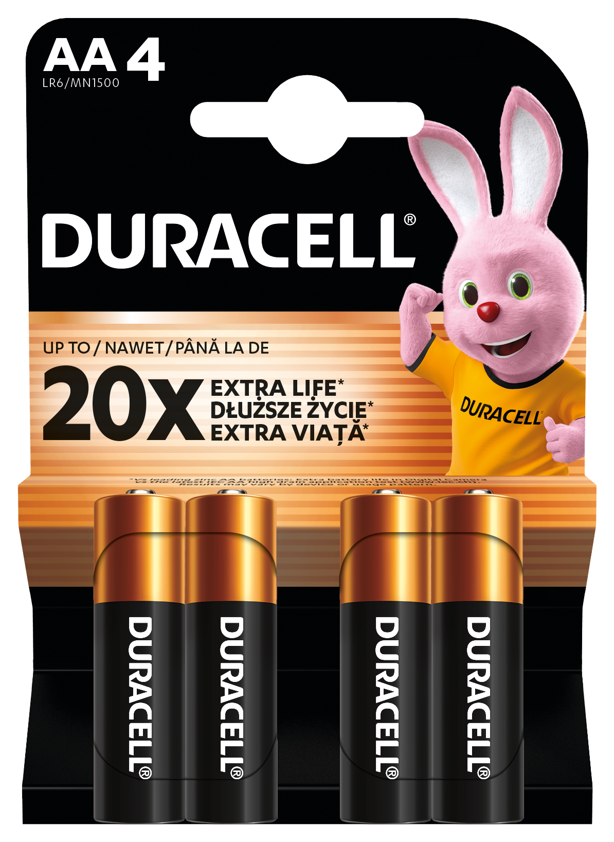 Baterie Duracell AA z różową maskotką-królikiem, 20x dłuższa żywotność.