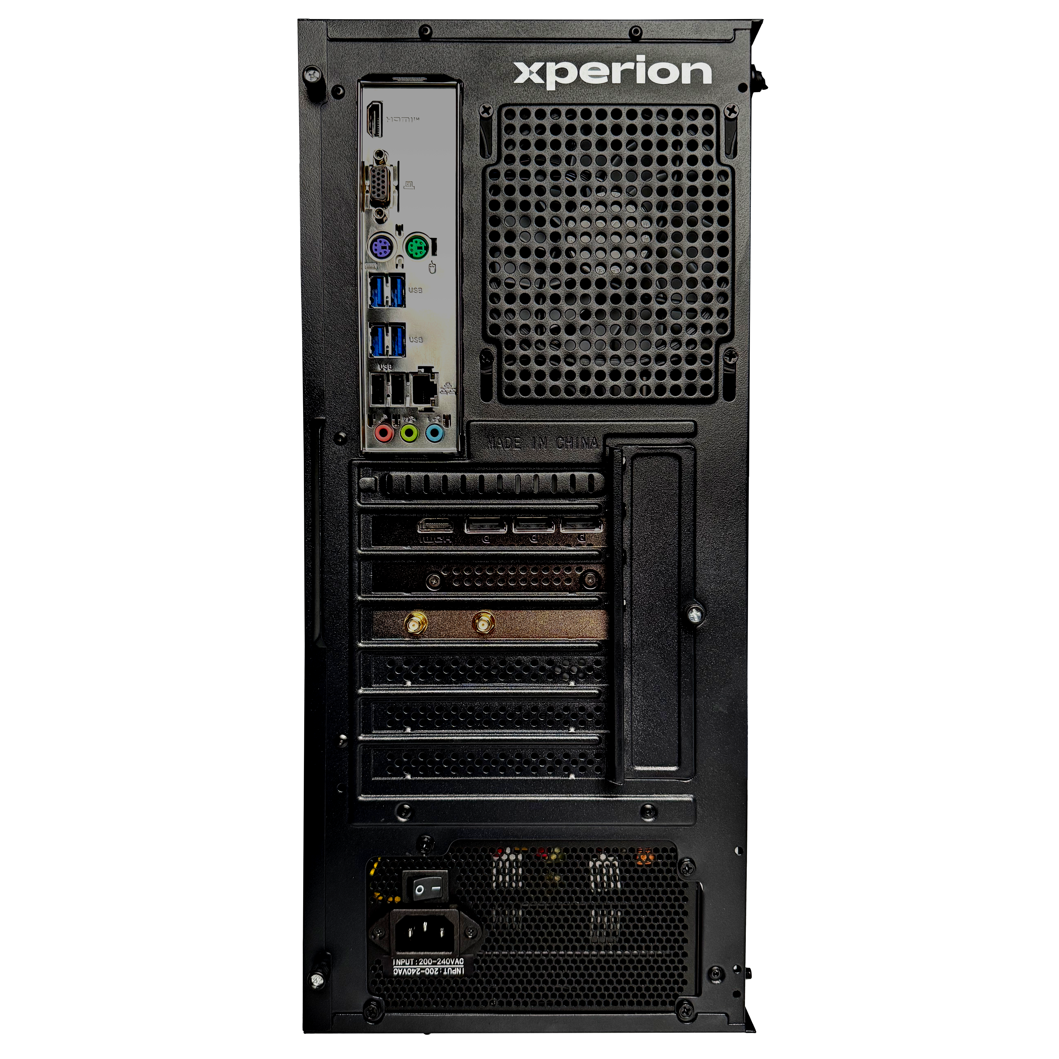 Rückseite eines schwarzen Computergehäuses mit Anschlüssen und Lüftungsgitter.