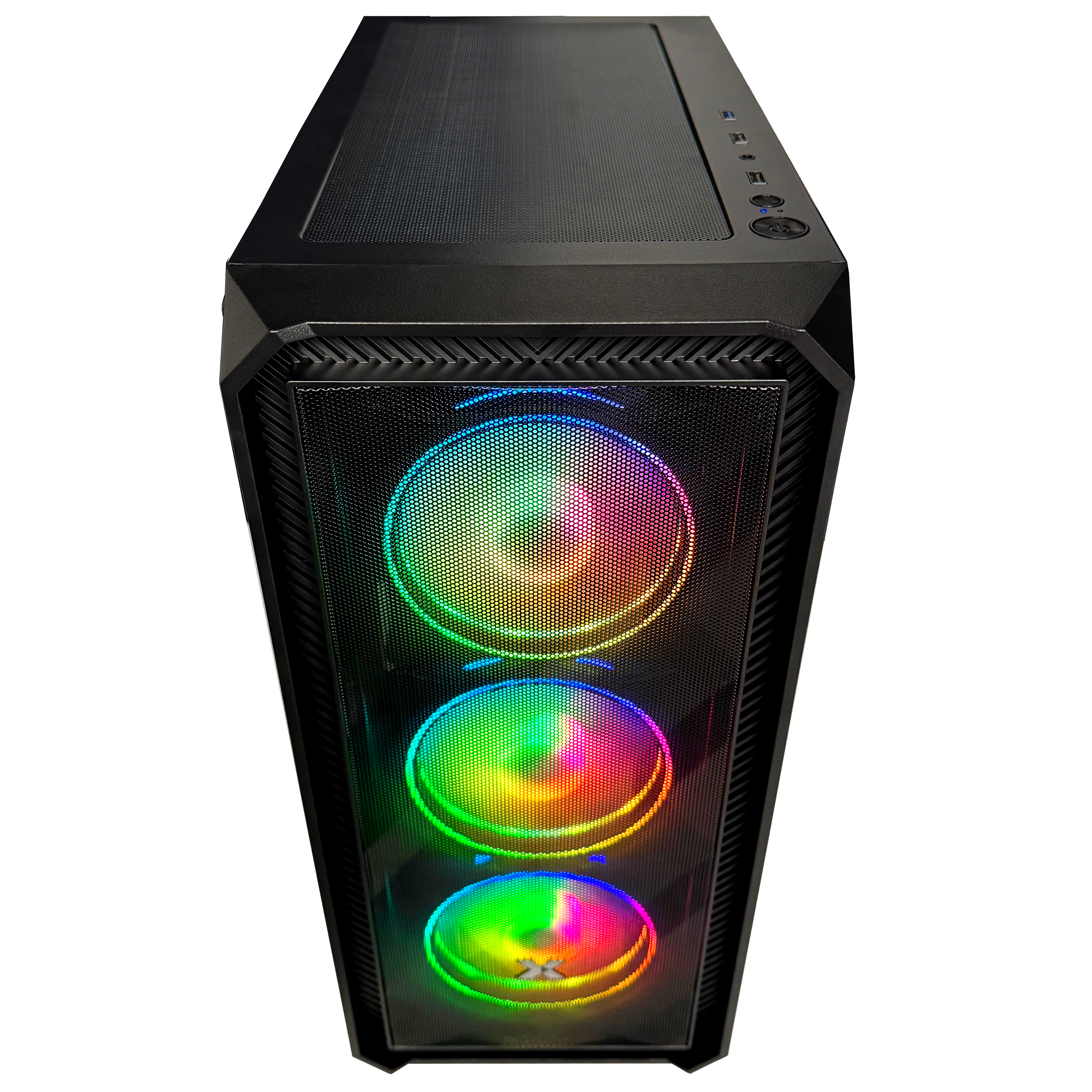 Schwarzes PC-Gehäuse mit drei beleuchteten RGB-Lüftern vorne.