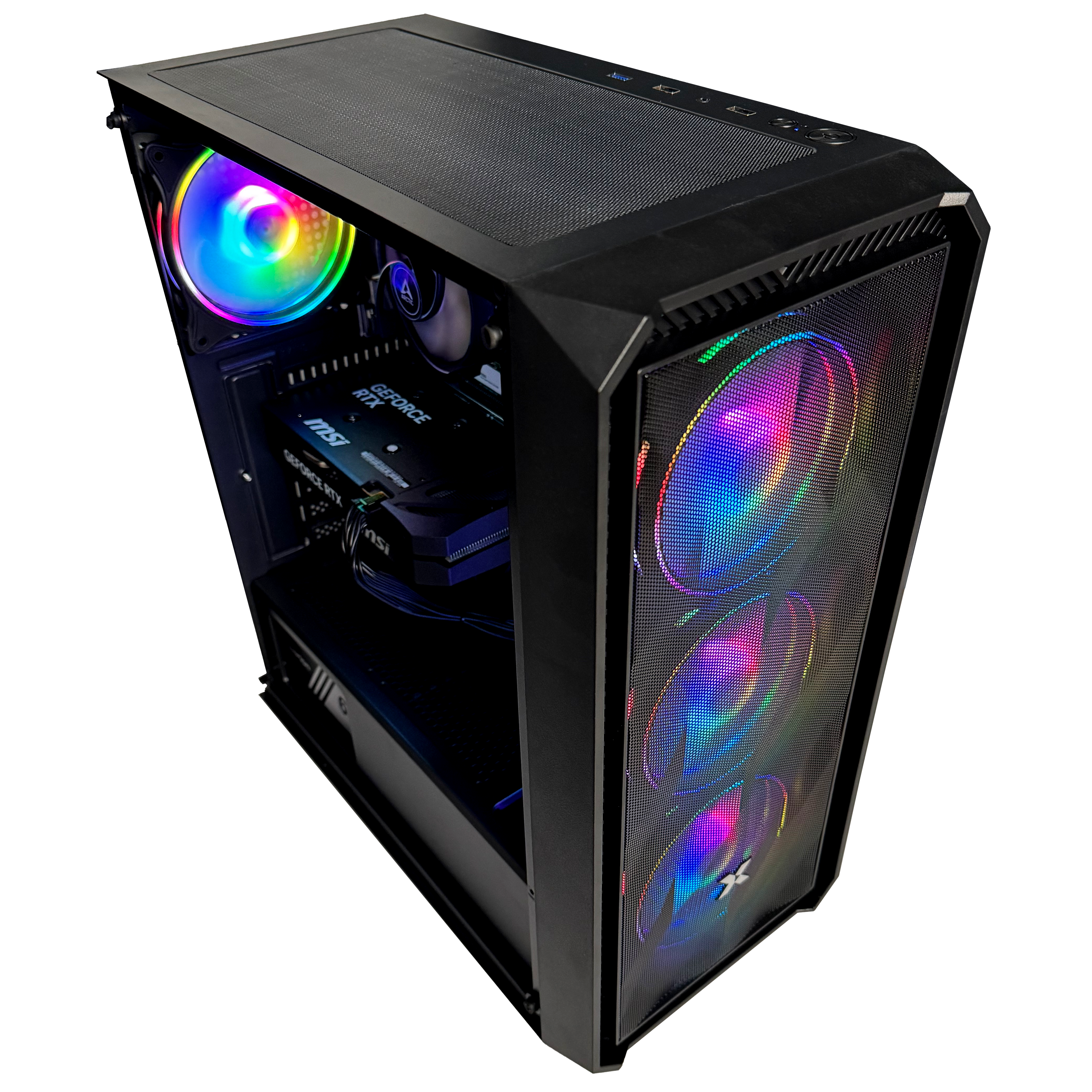 Schwarzes PC-Gehäuse mit RGB-Lüftern und leuchtender Grafikkarte.