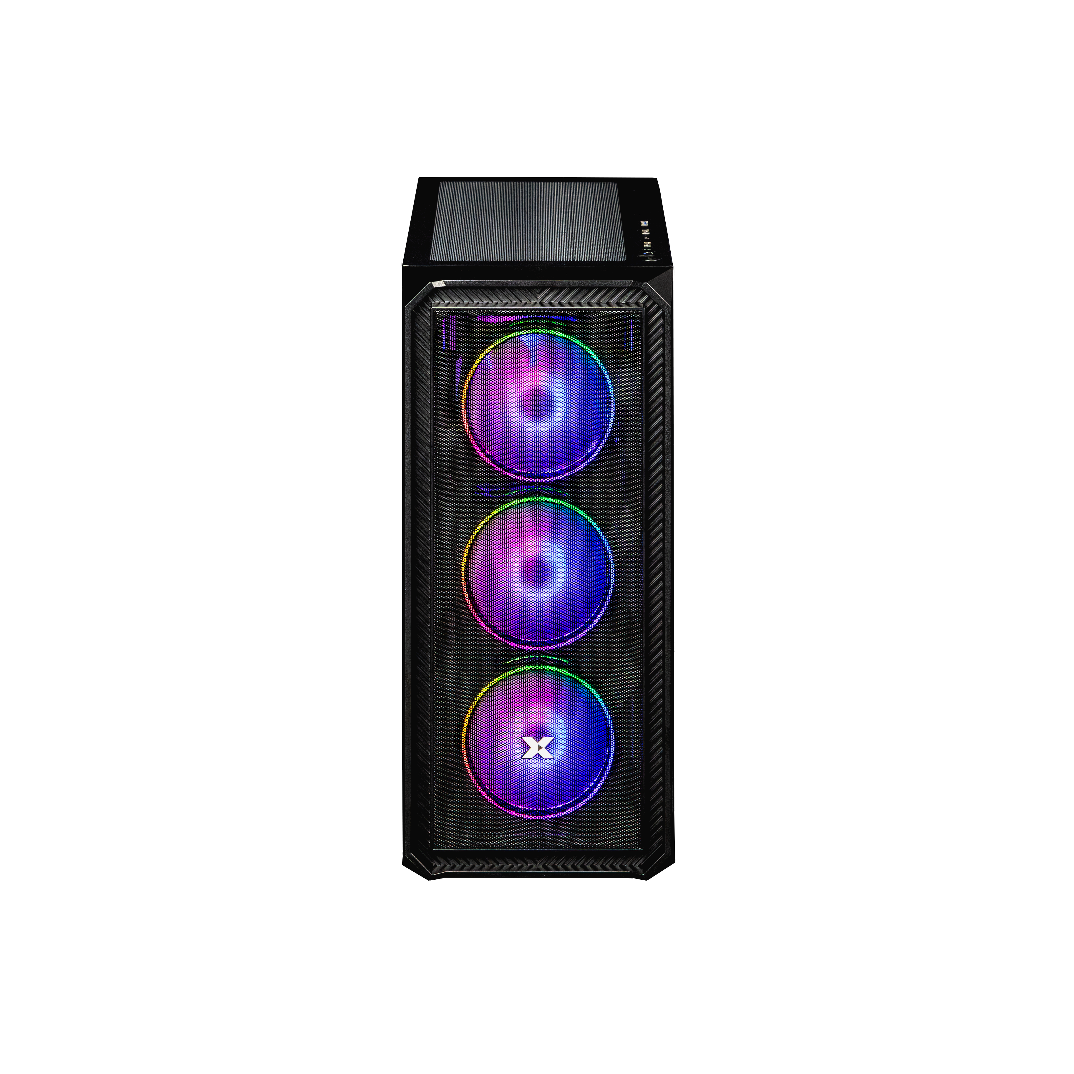 Schwarzes Computergehäuse mit drei leuchtenden RGB-Lüftern vorne.