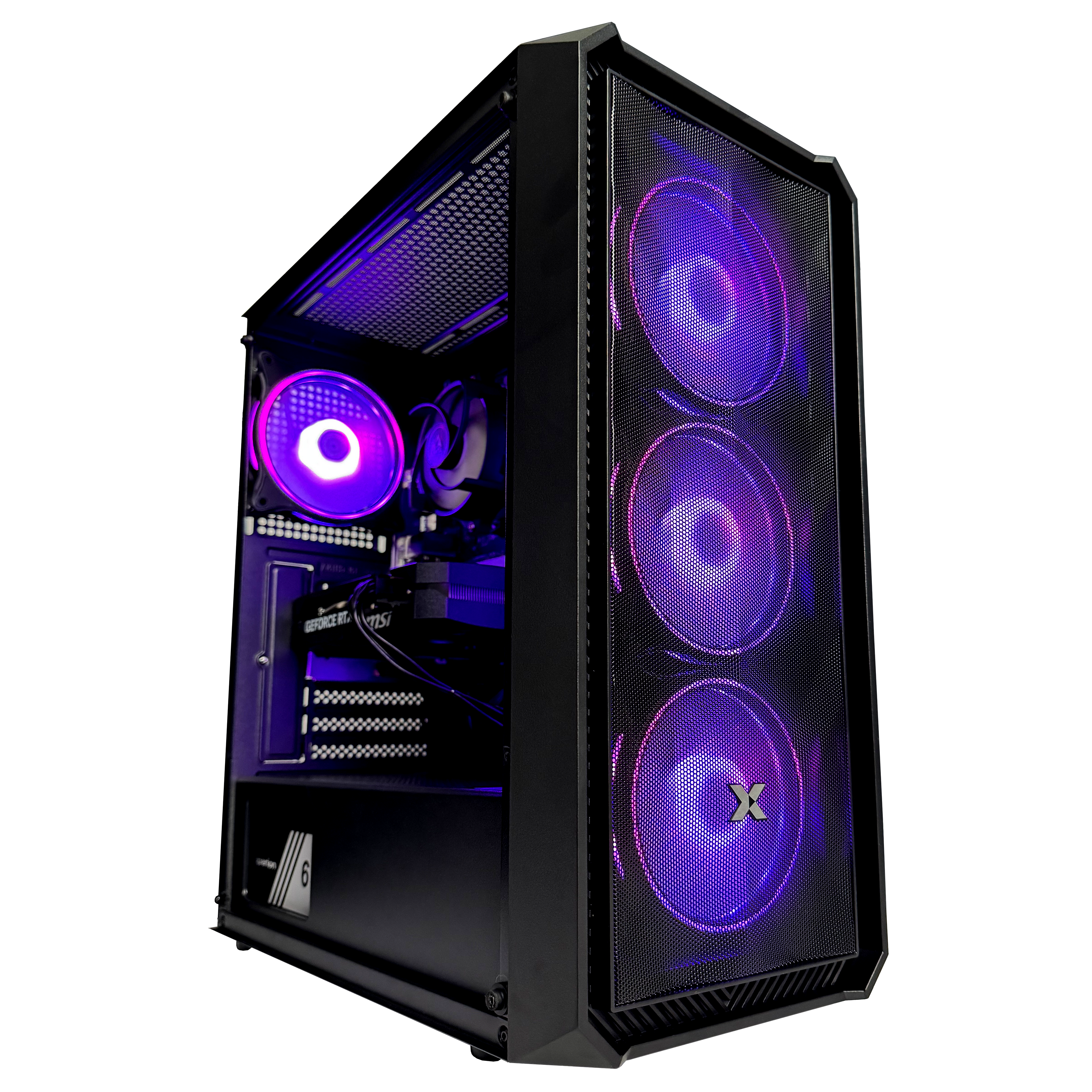 Ein schwarzes PC-Gehäuse mit lila RGB-Lüftern, innen und vorne.