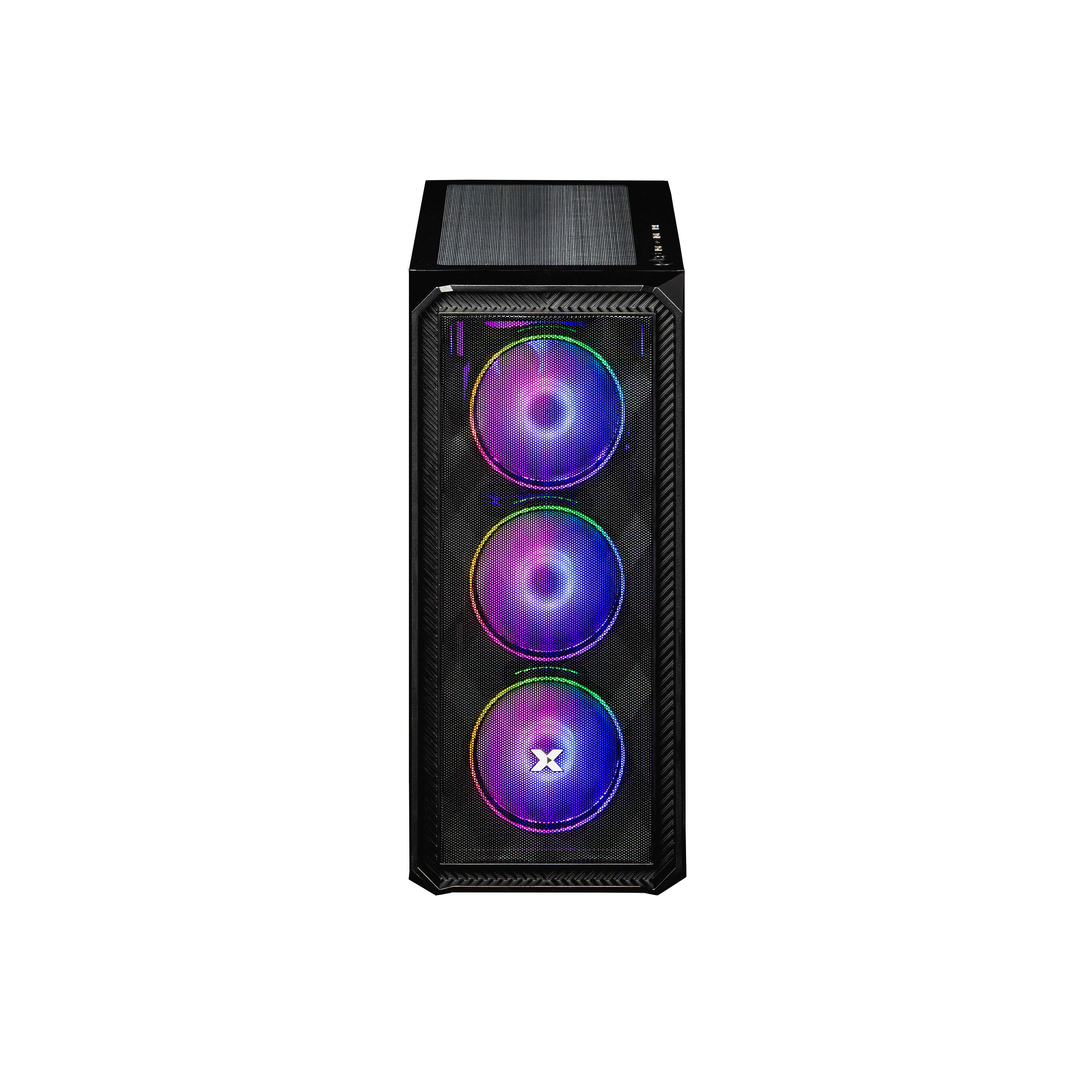 Ein schwarzes Computergehäuse mit drei beleuchteten Lüftern, die lila und blaue Farben zeigen.