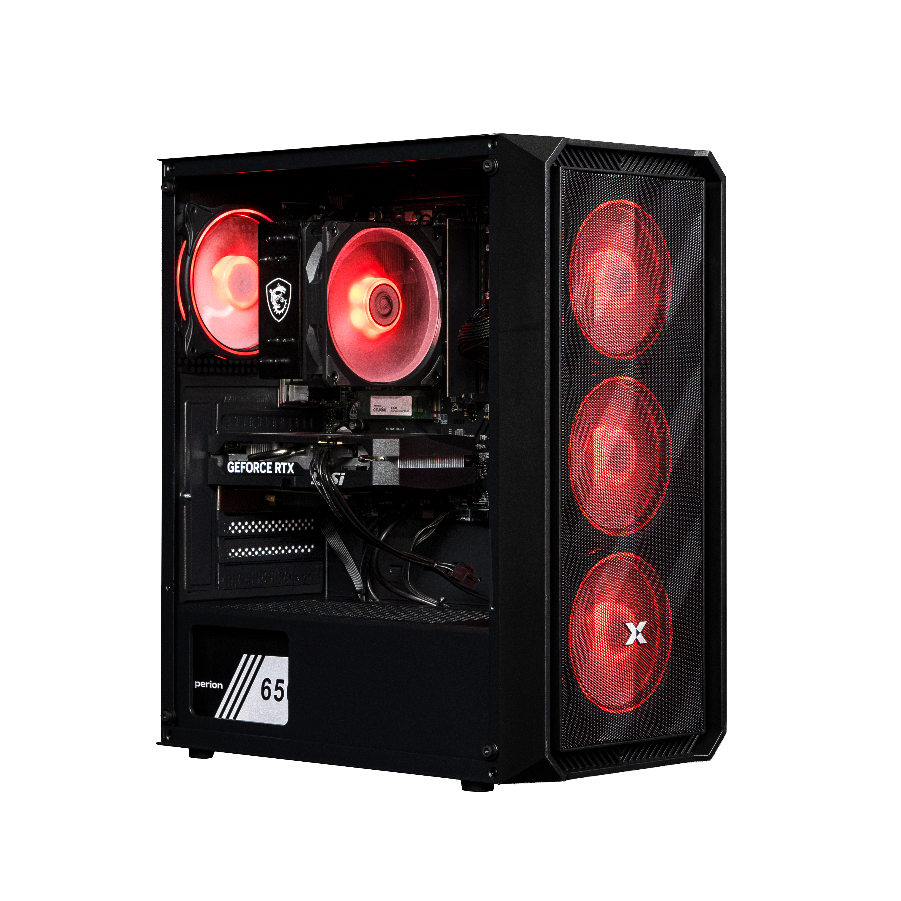 Ein schwarzer Computerturm mit roten LED-Lüftern und einer GeForce RTX-Grafikkarte.