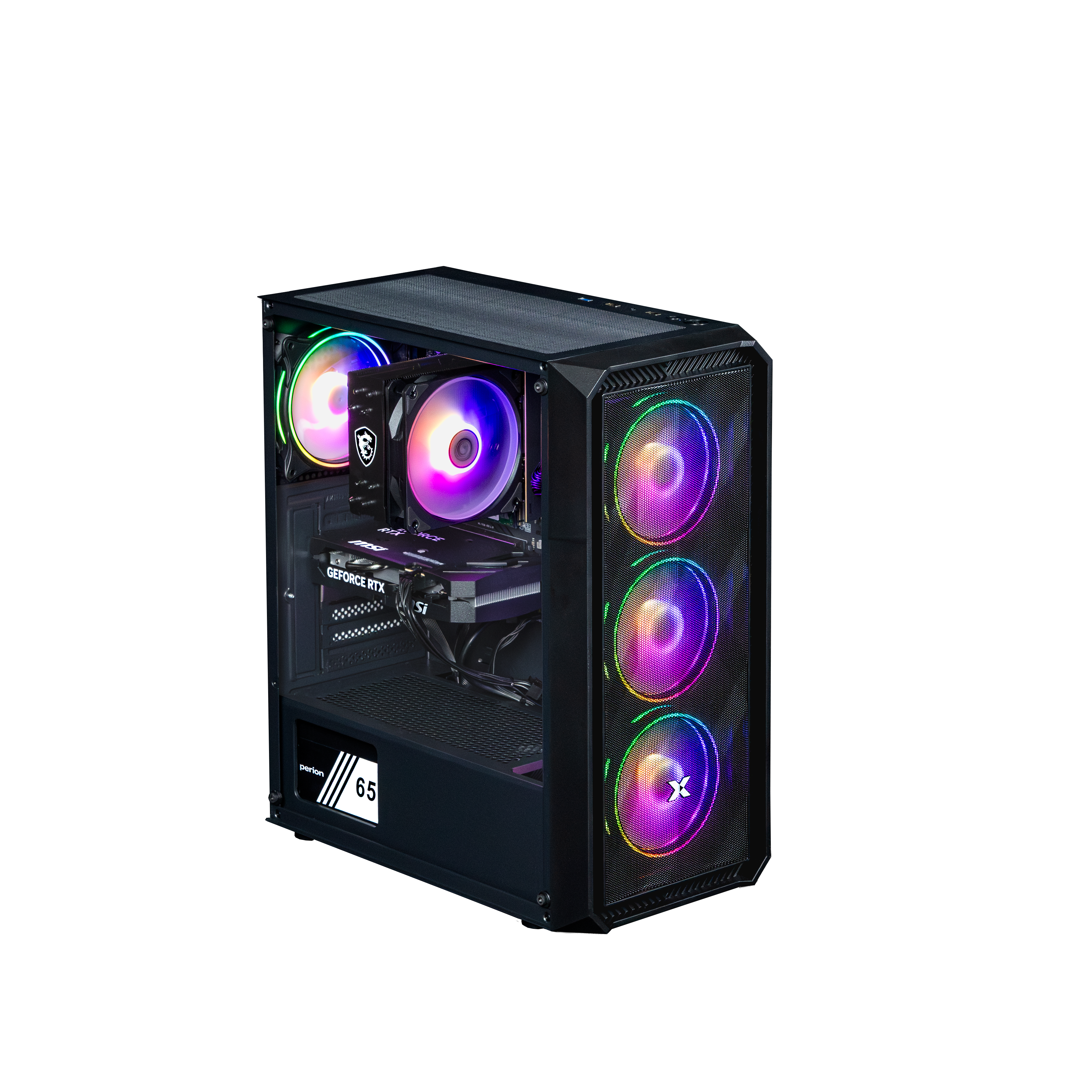 Ein schwarzes PC-Gehäuse mit bunten RGB-Lüftern und einer Grafikkarte.