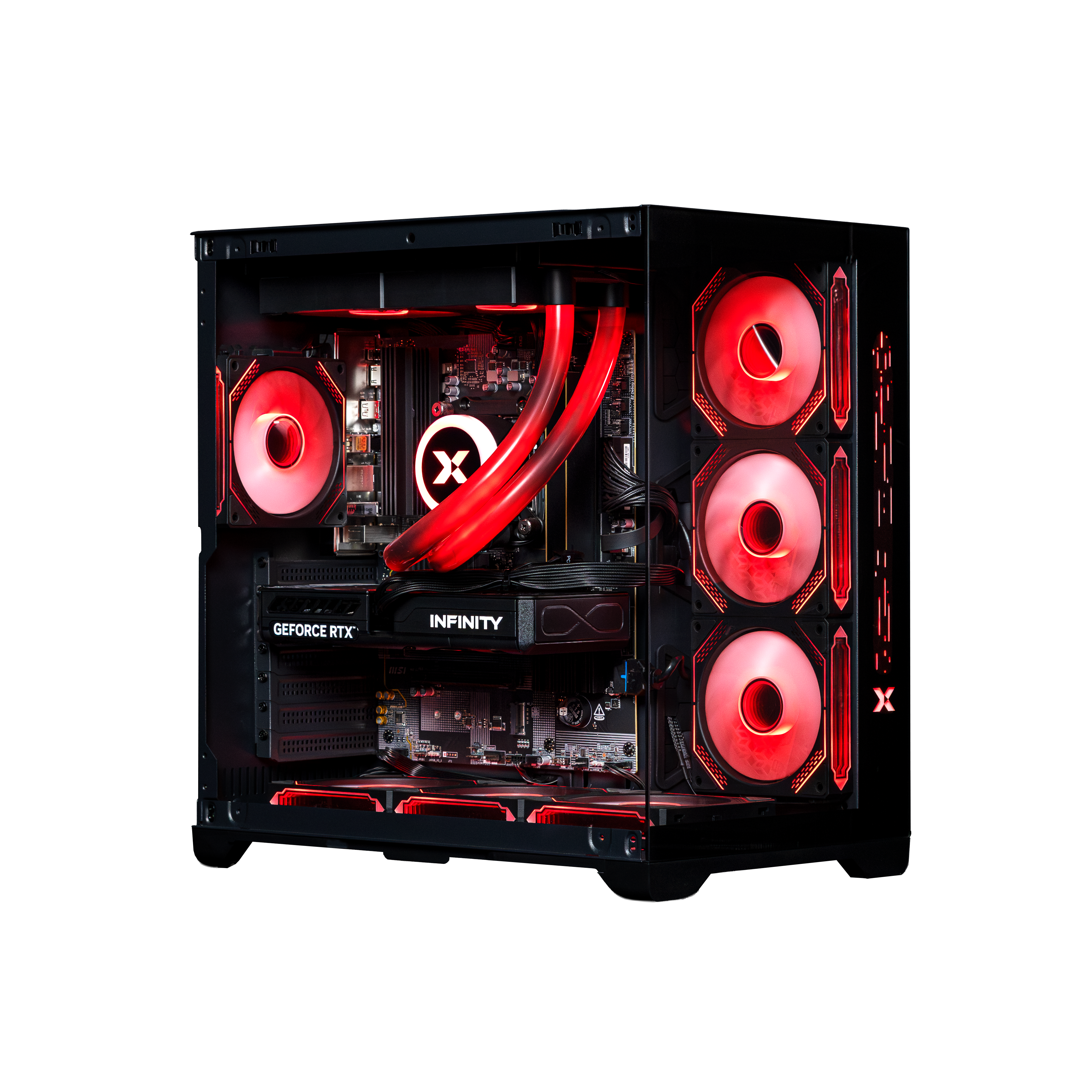 Ein schwarzes Computergehäuse mit roter Beleuchtung und sichtbaren Komponenten.