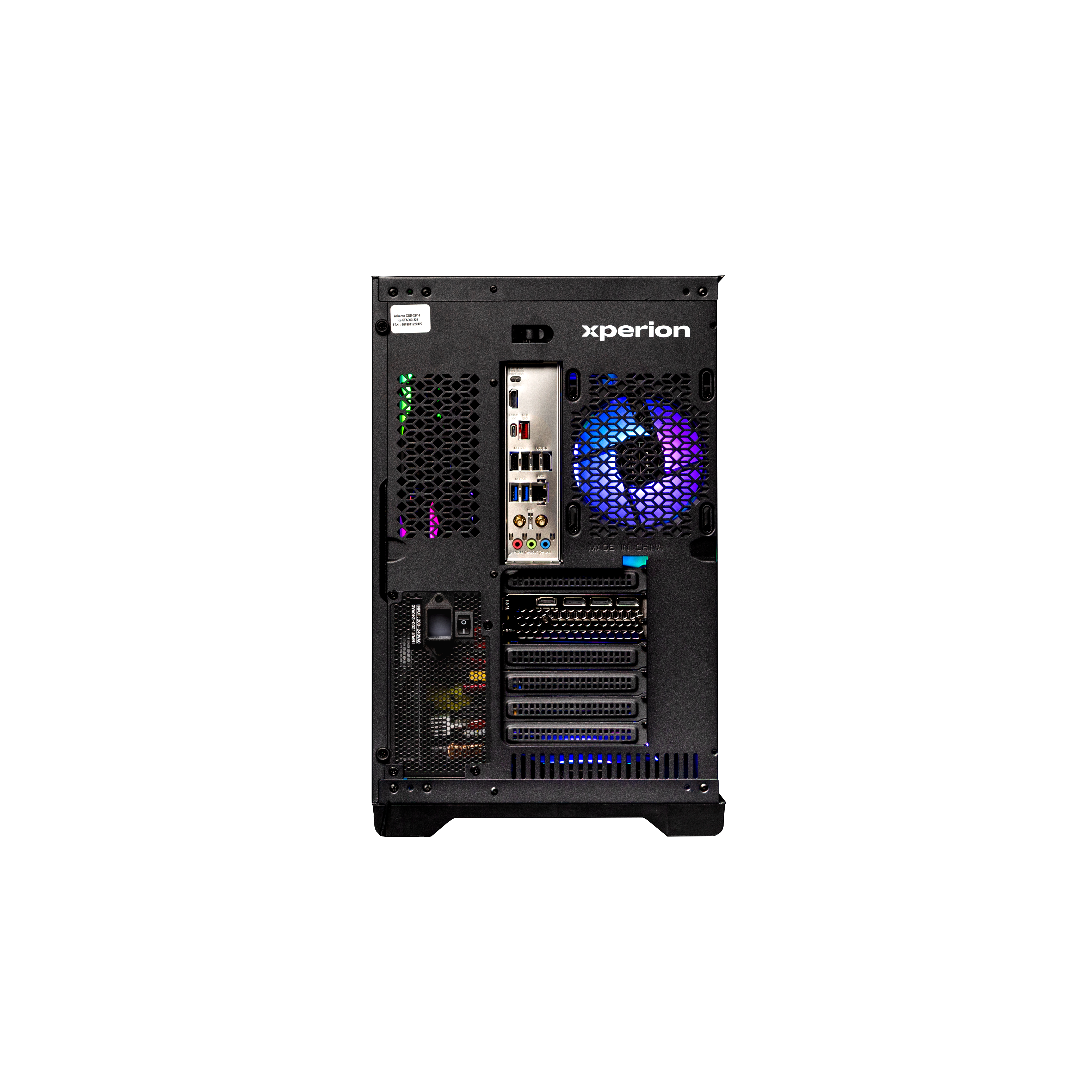 Rückseite eines PCs mit Anschlüssen, Lüftern und dem Xperion-Logo.