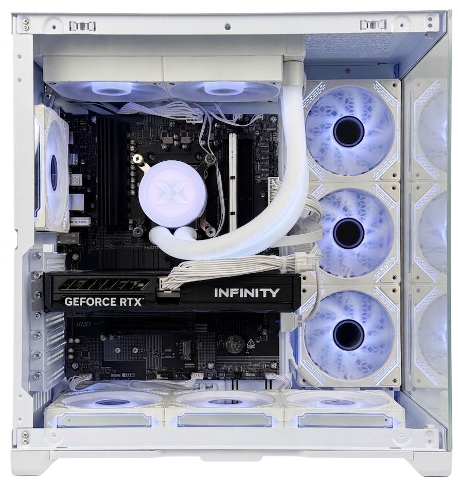 Weißes PC-Gehäuse mit leuchtenden Lüftern, GPU und CPU-Kühler. Draufsicht.