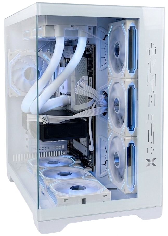 Ein weißer Computer-Tower mit Glasfront und blauen LED-Lüftern.