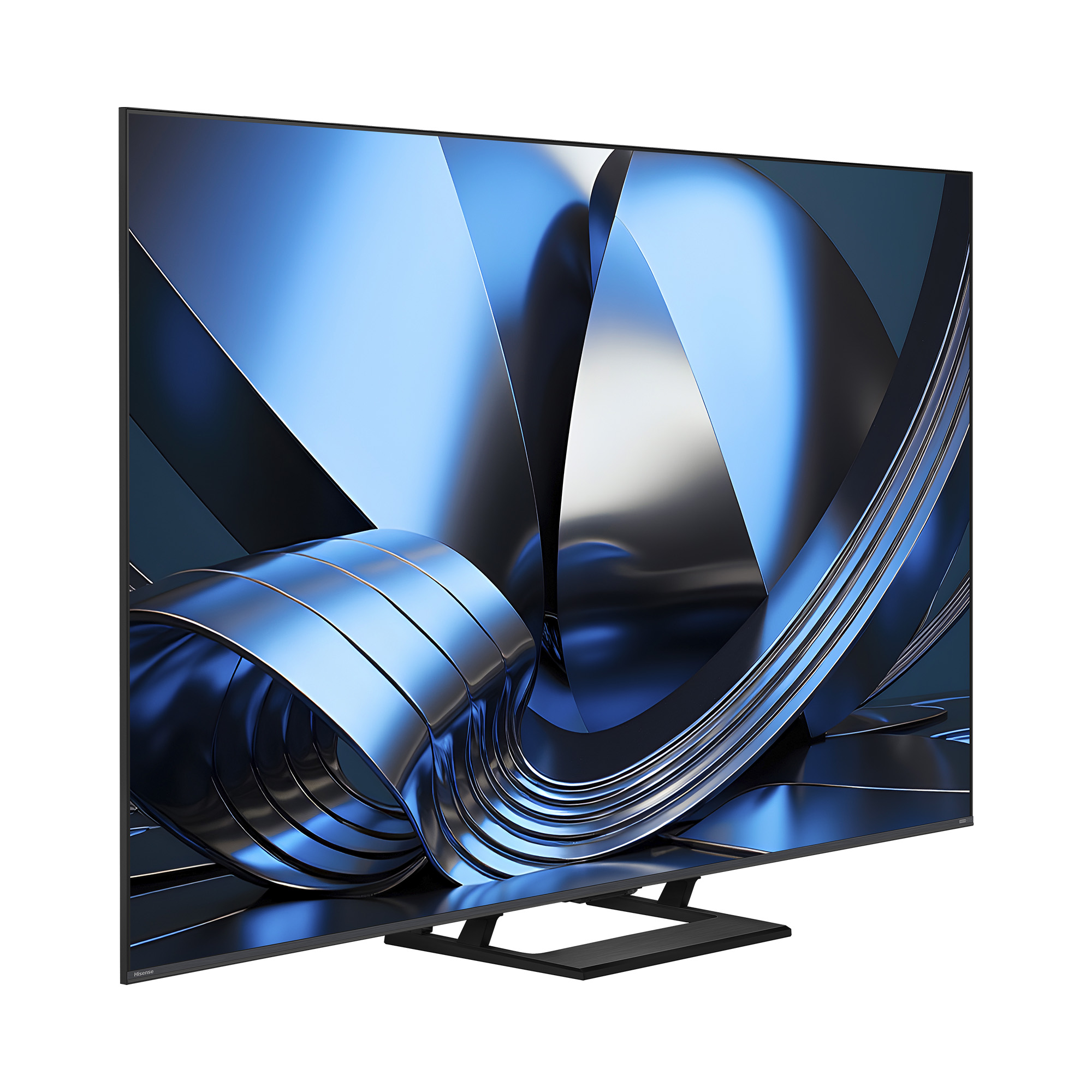 Un televisor moderno que muestra un diseño de fondo abstracto en azul y plateado.