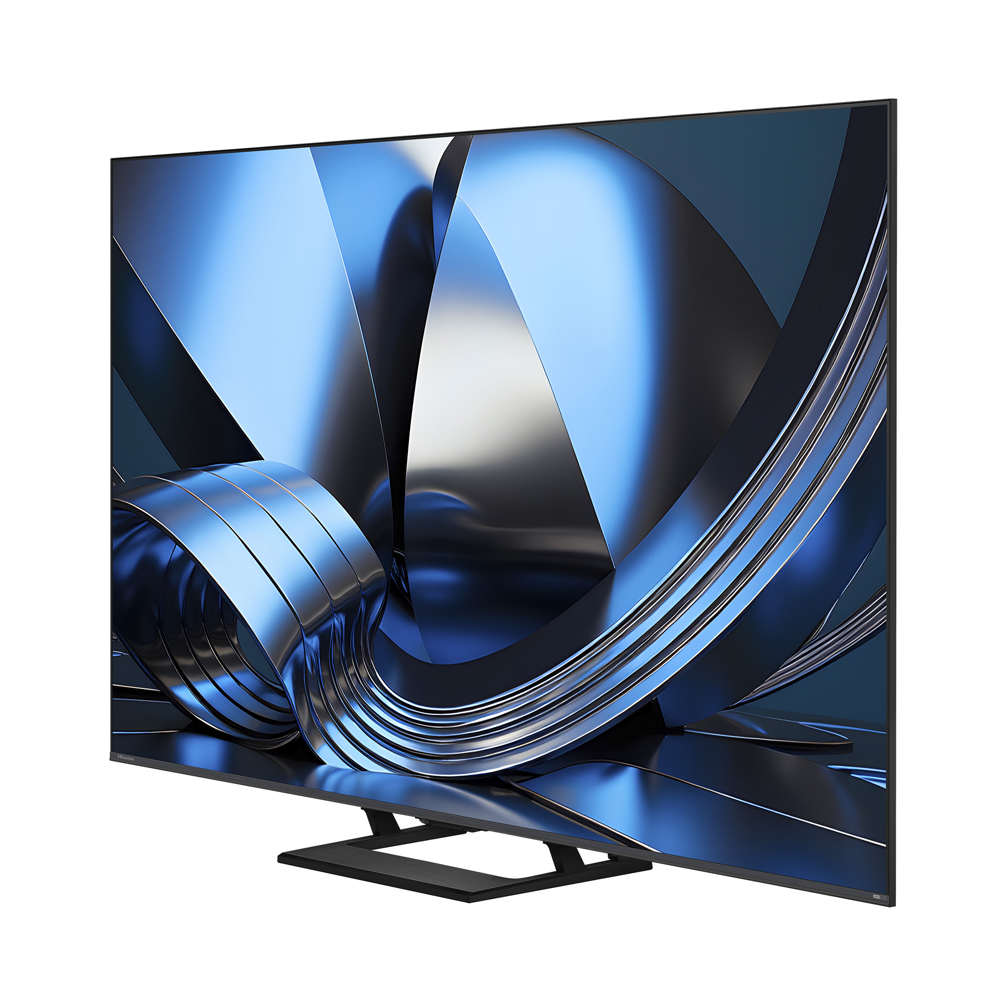 Un televisor moderno que muestra un dinámico fondo abstracto azul y plateado.