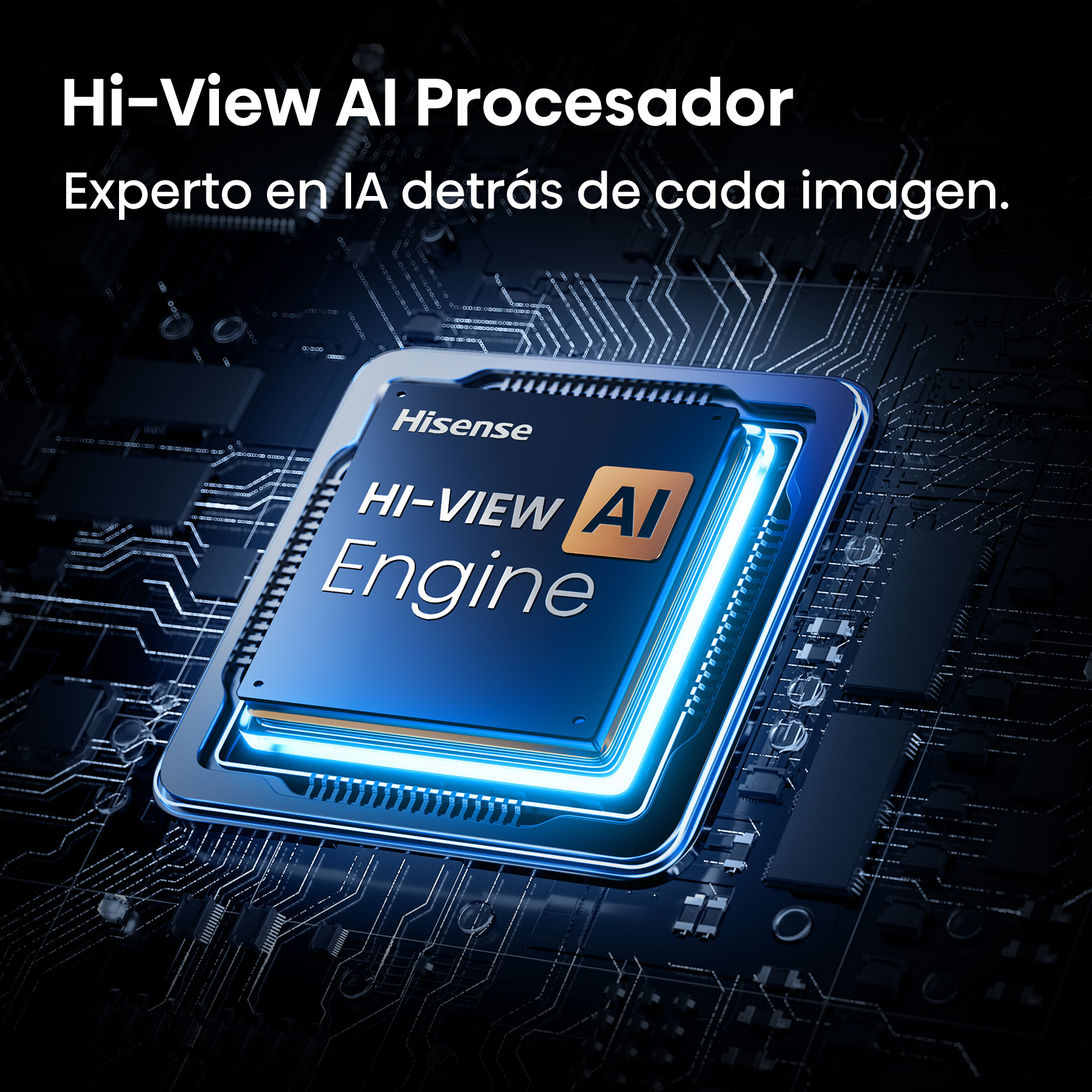 Un chip detallado con texto "Hi-View AI Engine" en una placa de circuito.