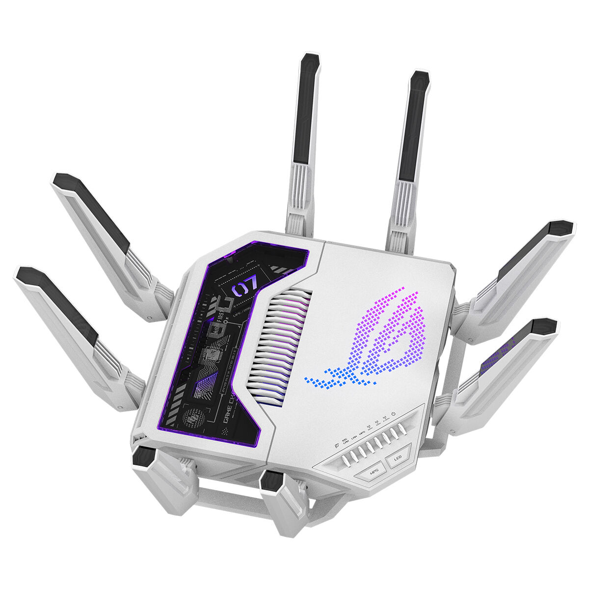 Modern beyaz router, 6 antenli, mor/mavi vurgular.