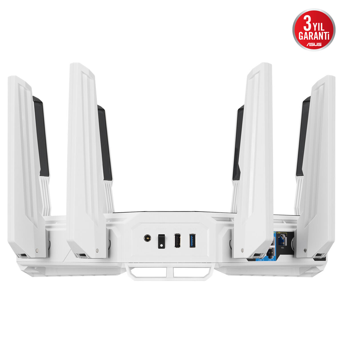 Dört antenli ve portlu beyaz bir ASUS router.