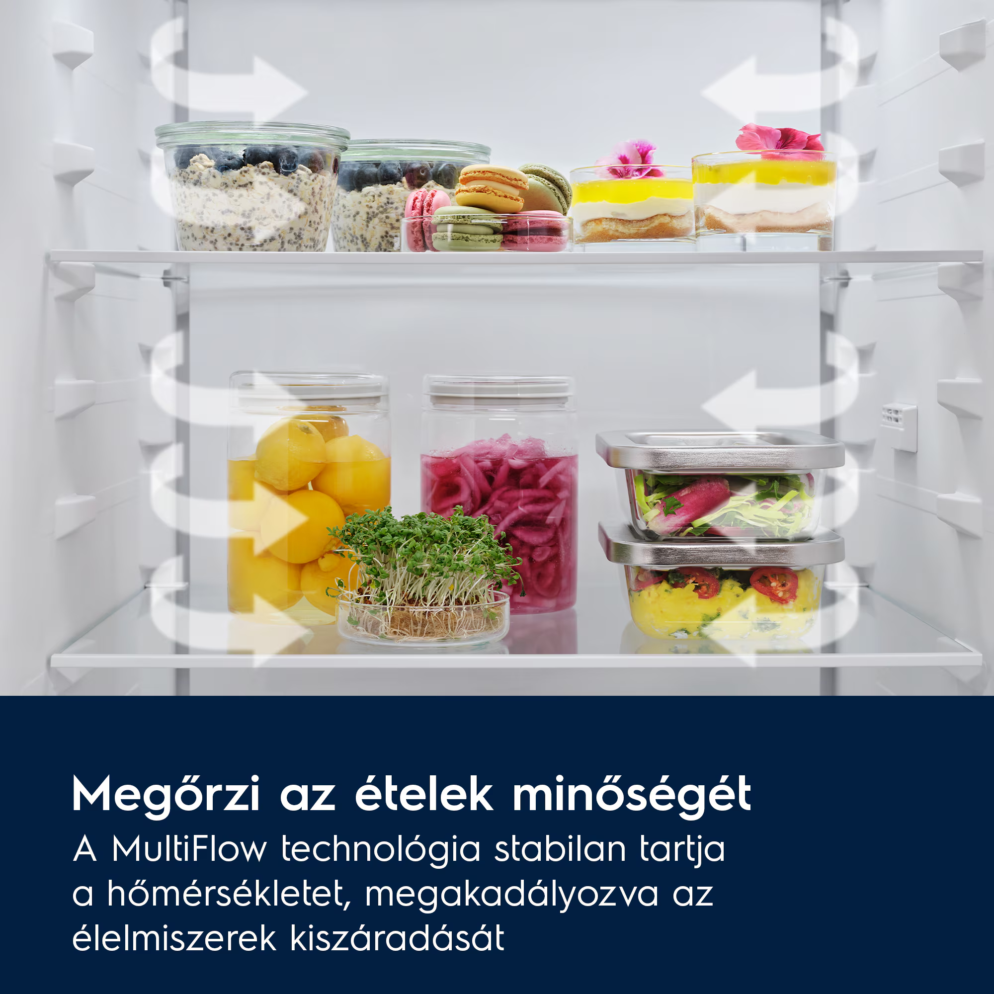 Hűtőpolcok élelmiszerekkel: müzli, makaron, gyümölcs és zöldség.