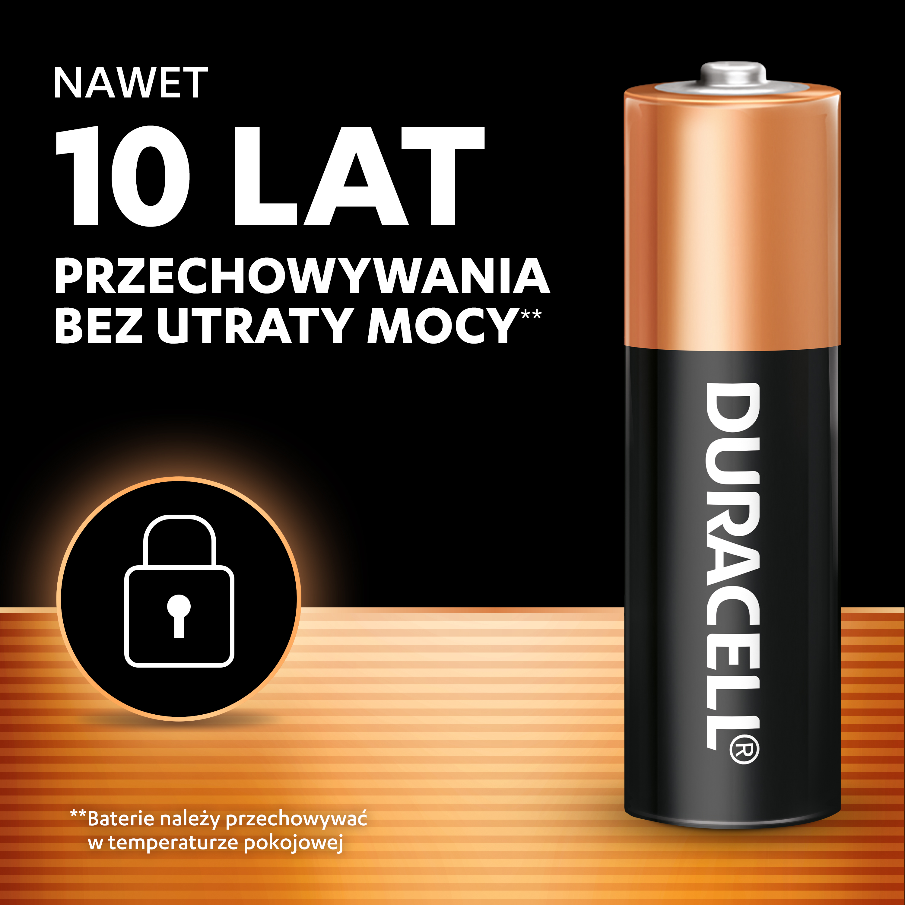 Bateria Duracell z symbolem przechowywania i tekstem: Do 10 lat trwałości.