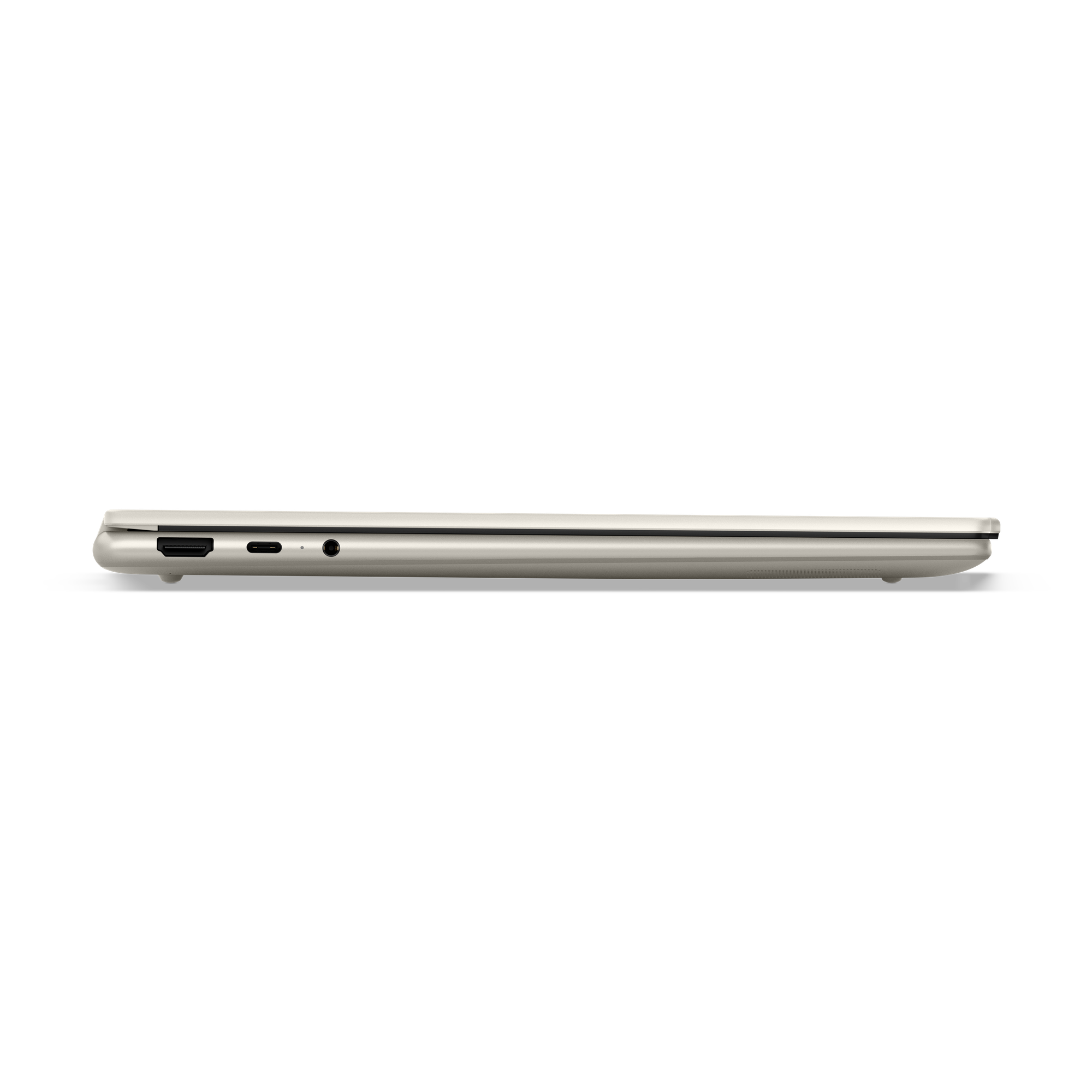 USB-C ve kulaklık jaklı, ince, açık renkli bir dizüstünün yan görünümü.