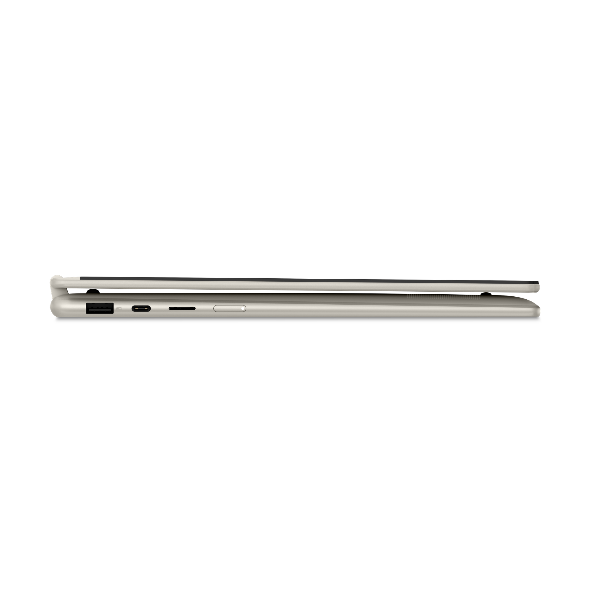 Kapalı, açık bej rengi dizüstü bilgisayarın yan görünümü; USB-A, USB-C ve yuva bağlantı noktası.