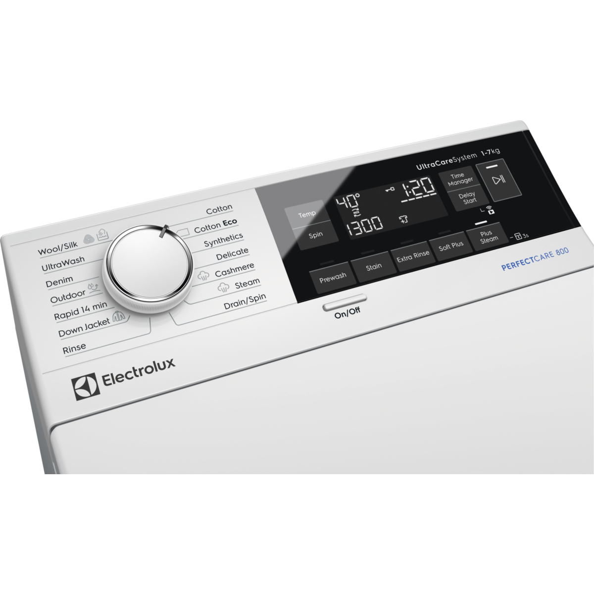 Fehér Electrolux mos ógép kezelőpanel forgókapcsolóval és digitális kijelzővel.