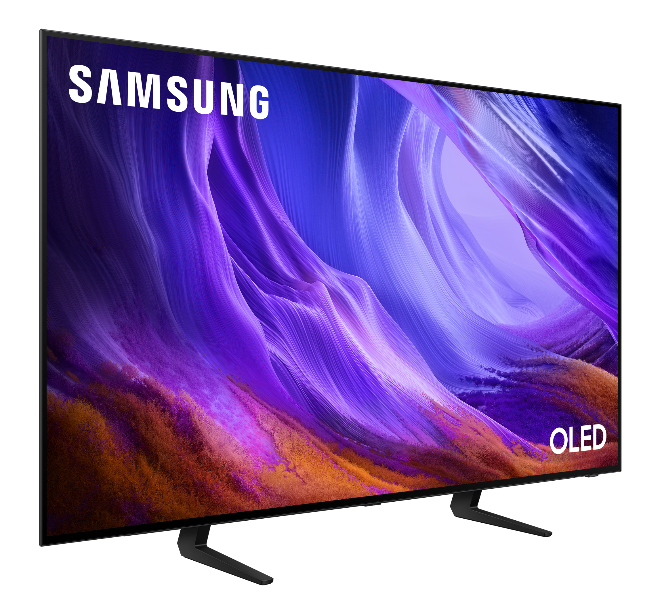 Telewizor Samsung OLED wyświetlający abstrakcyjny obraz w odcieniach fioletu i pomarańczy.