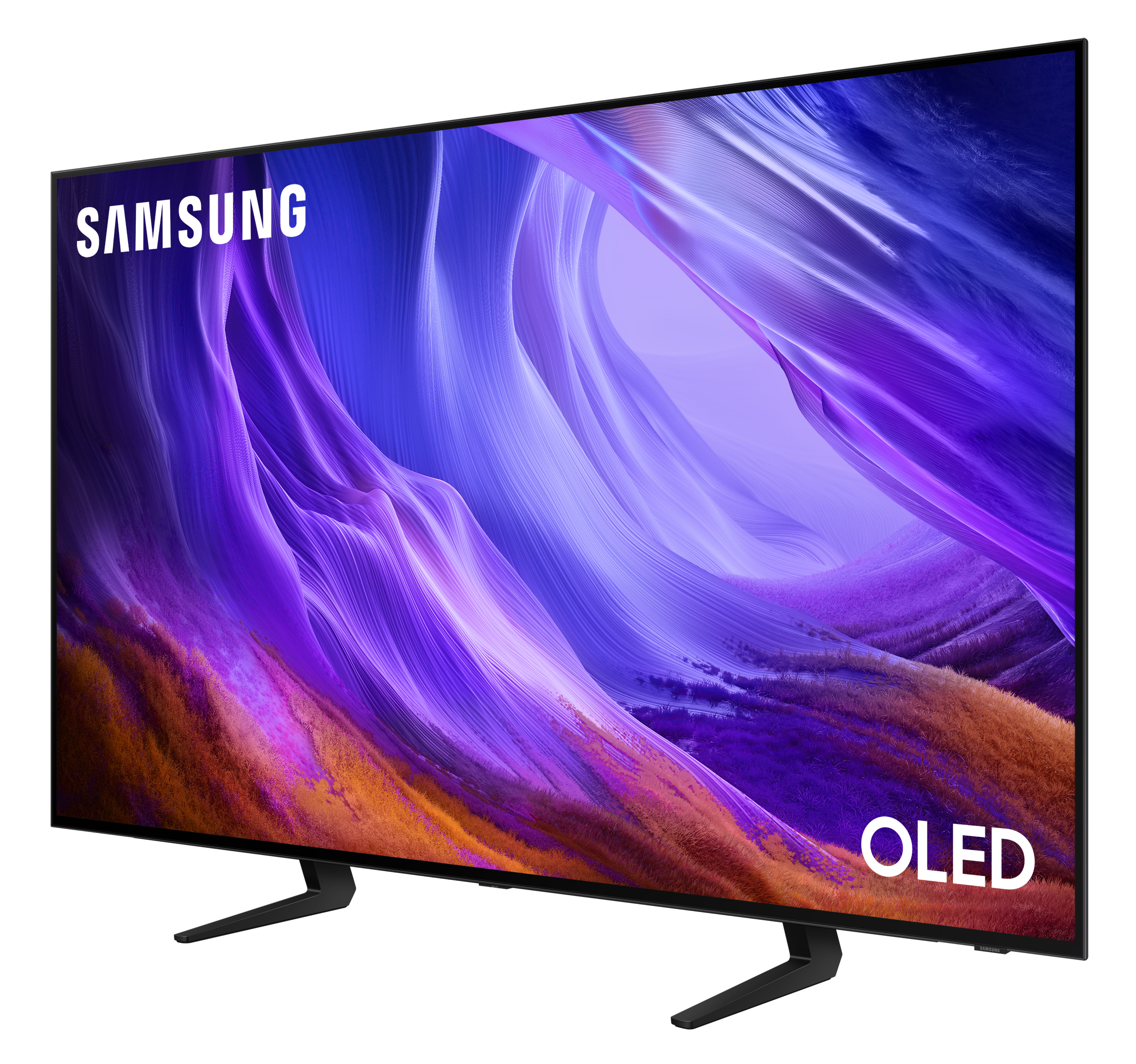 Telewizor Samsung OLED wyświetla abstrakcyjne, płynne fioletowo-pomarańczowe tło.